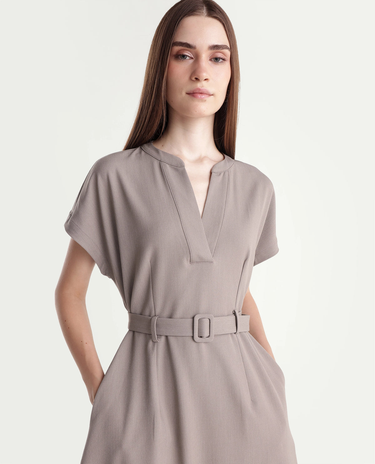 Rareism Women's Wory Fawn Polyester Blend Mandarin Collar A-Line Plain Dress - image 3