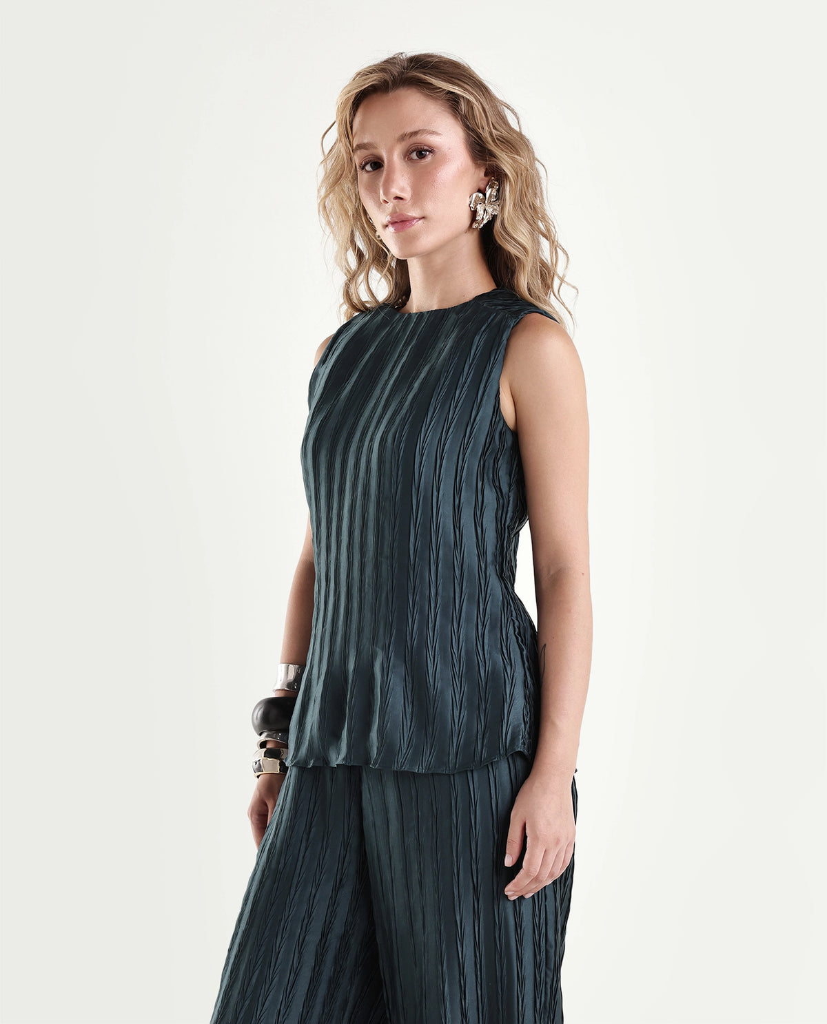 Rareism Women's Pony-T Teal Polyester One Shoulder Fitted Plain Top