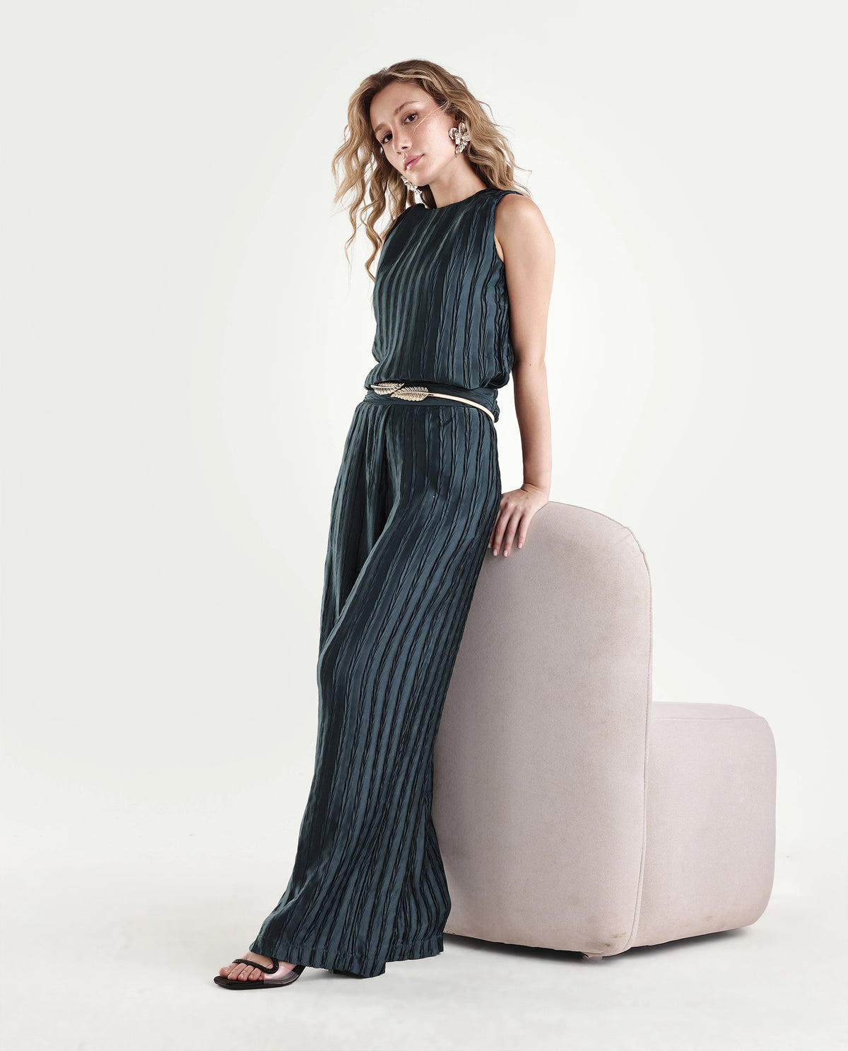Rareism Women's Pony-B Teal Polyester Wide Leg Striped Trouser