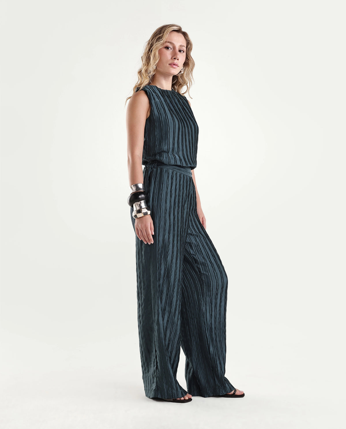 Rareism Women's Pony-B Teal Polyester Wide Leg Striped Trouser