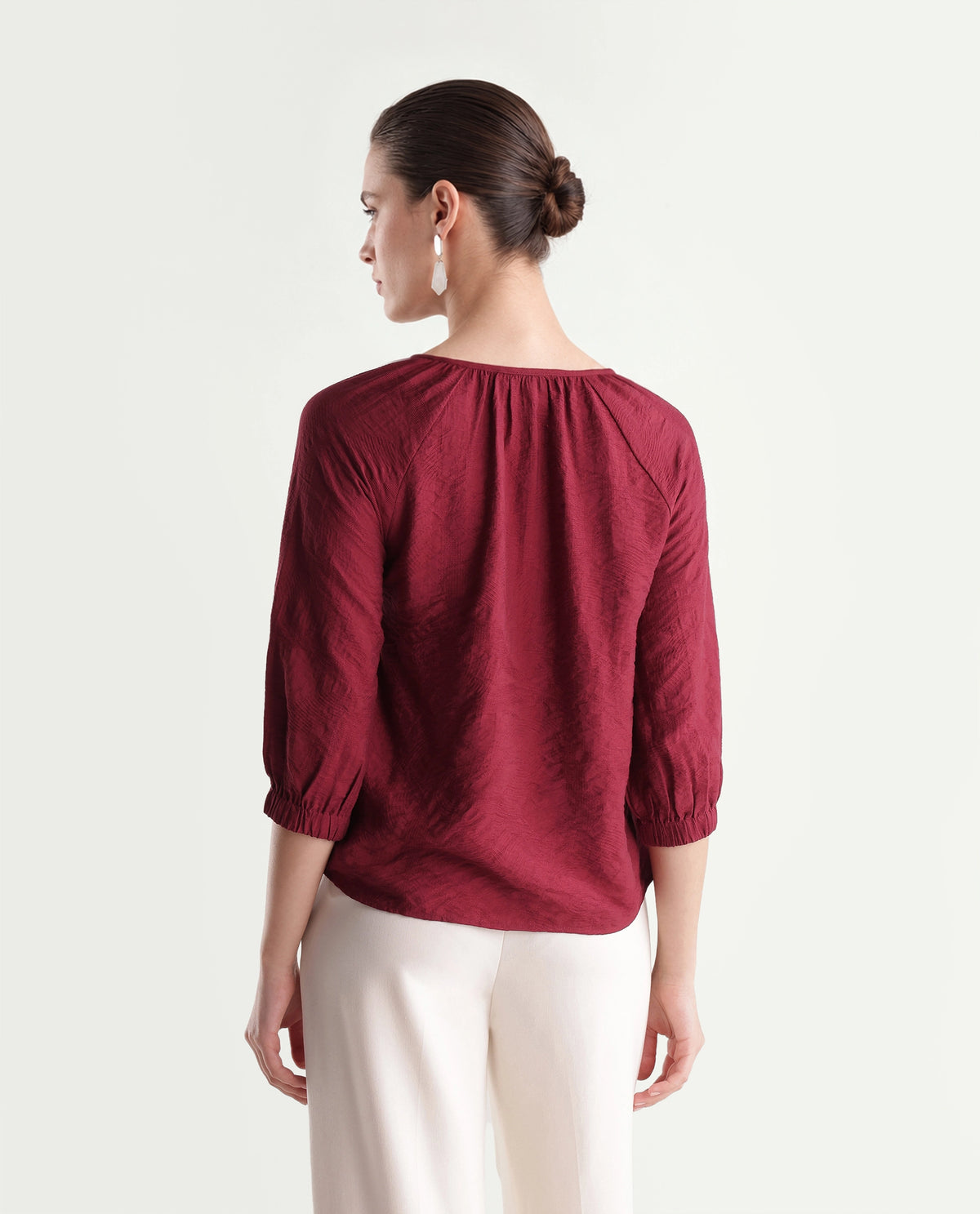 Rareism Women's Bessy Maroon Viscose Blend V-Neck Bodycon Jacquard Top