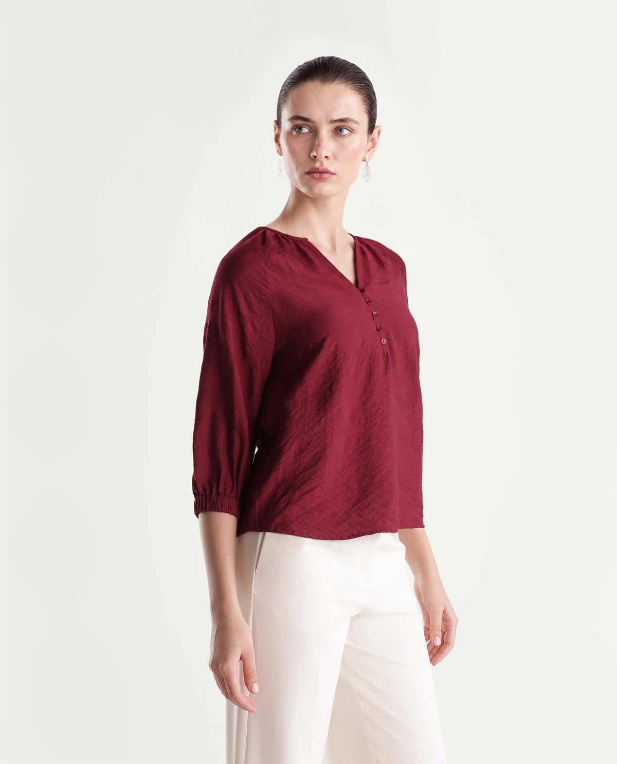 Rareism Women's Bessy Maroon Viscose Blend V-Neck Bodycon Jacquard Top