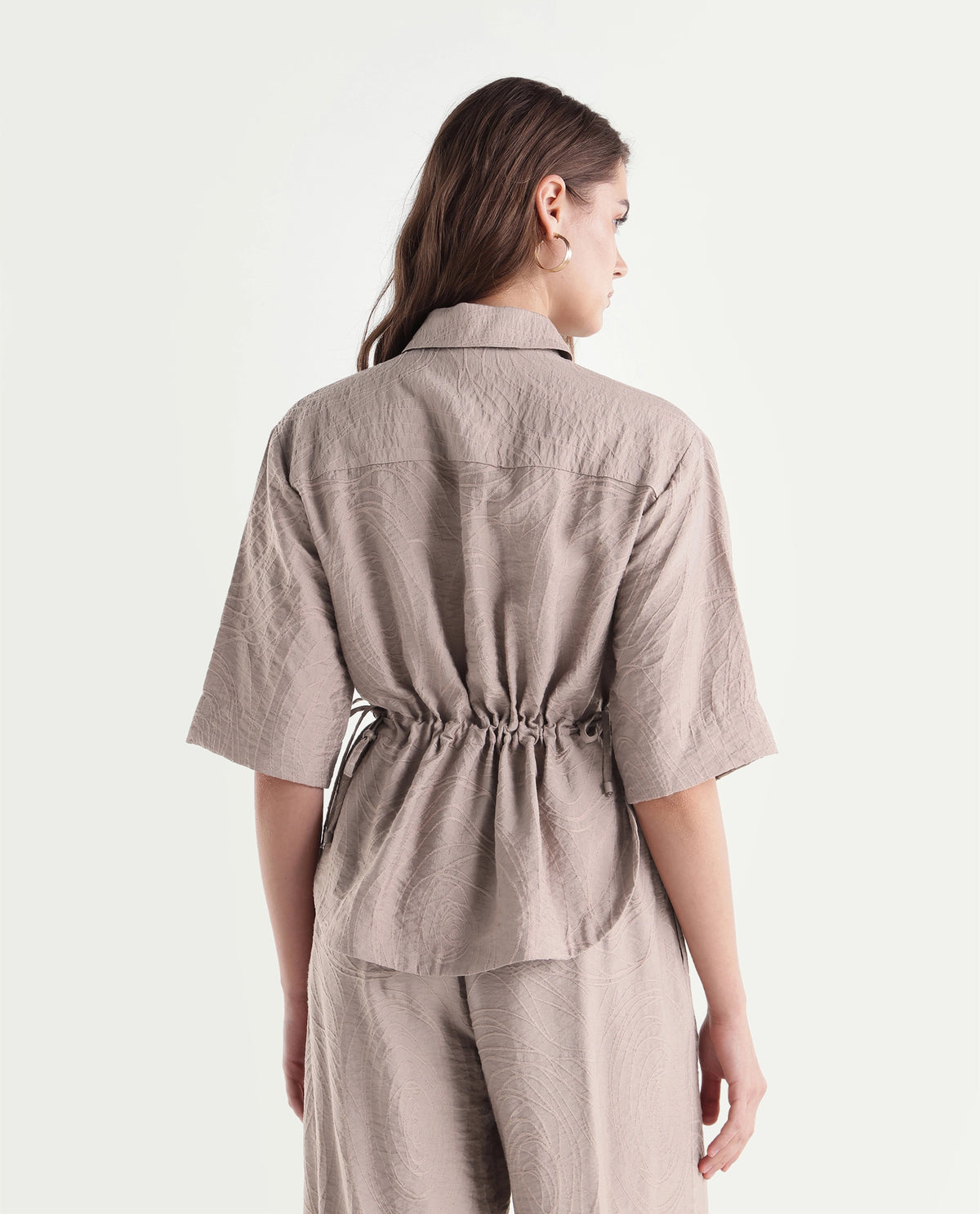 Rareism Women's Dim-T Dusky Beige Viscose Blend Spread Collar Regular Jacquard Top