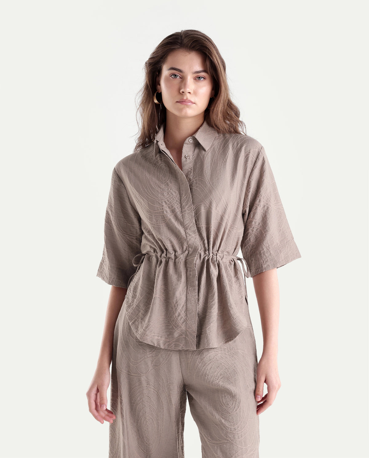 Rareism Women's Dim-T Dusky Beige Viscose Blend Spread Collar Regular Jacquard Top