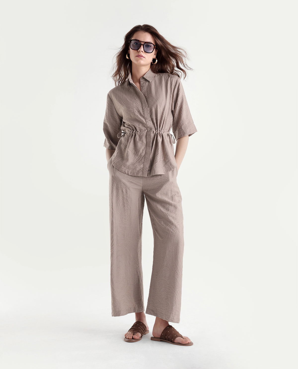 Rareism Women's Dim-T Dusky Beige Viscose Blend Spread Collar Regular Jacquard Top