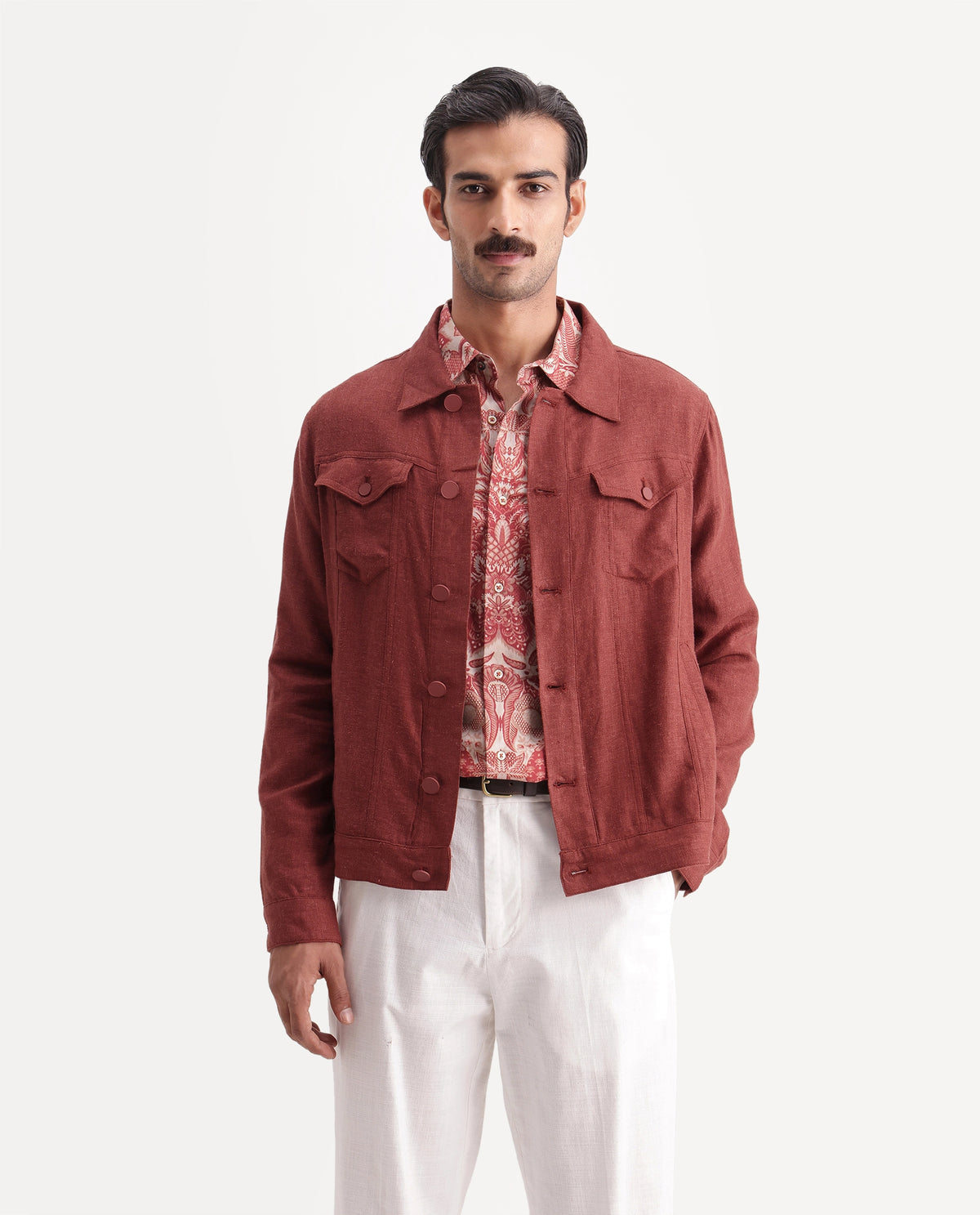 Rare Rabbit Men's Mirk-S Rust Linen Blend Spread Collar Regular Plain Jacket - image 4