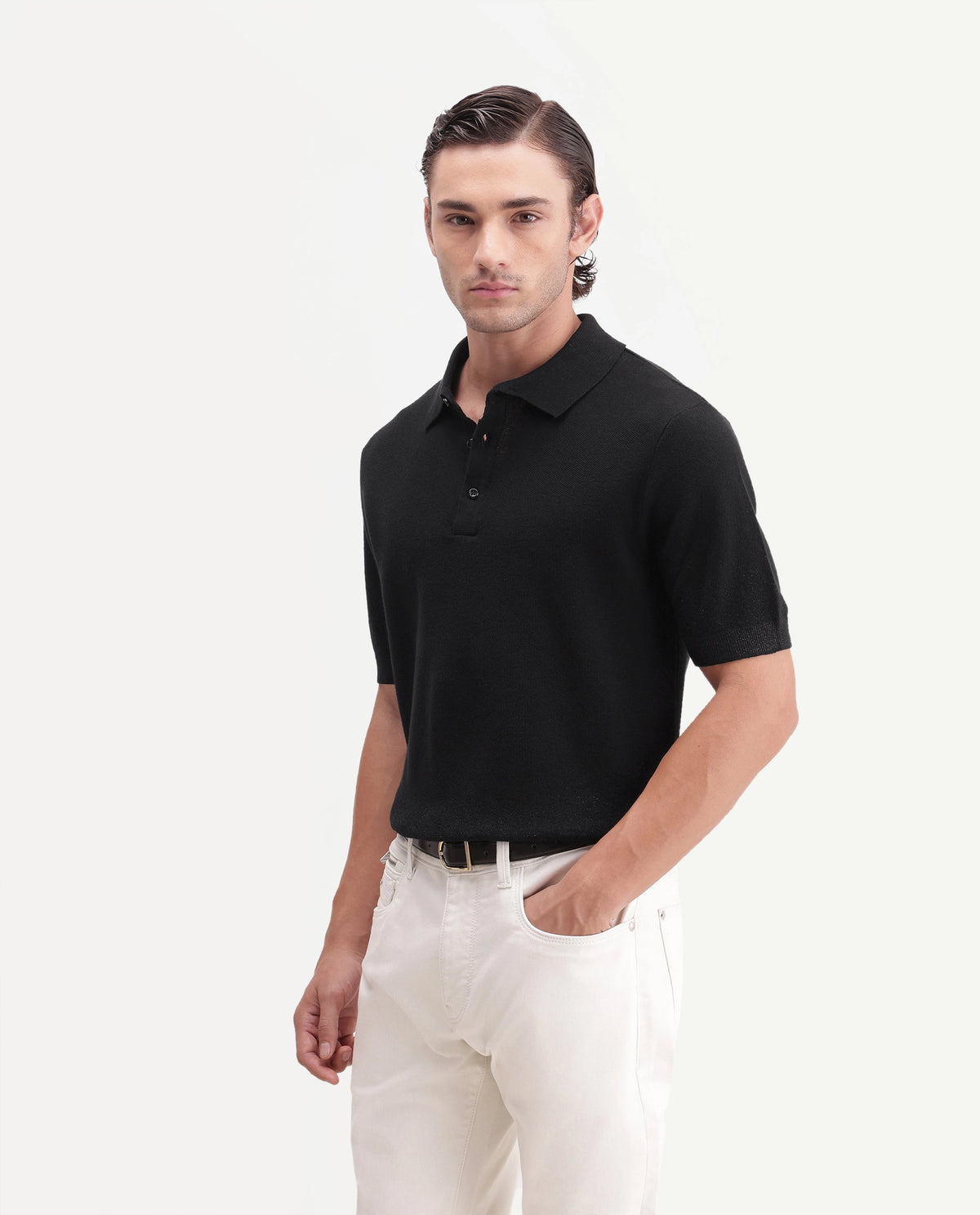 Rare Rabbit Mens Vann Black Cotton Blend Spread Collar Regular Plain Polo