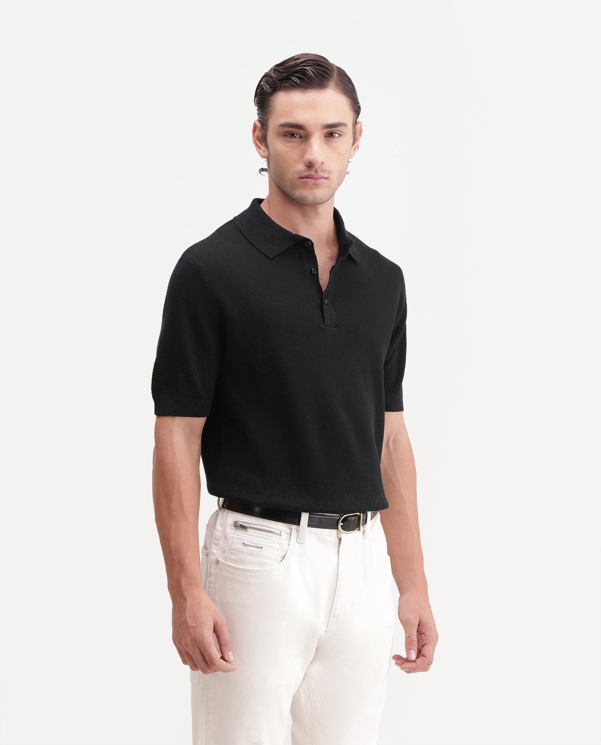 Rare Rabbit Mens Vann Black Cotton Blend Spread Collar Regular Plain Polo