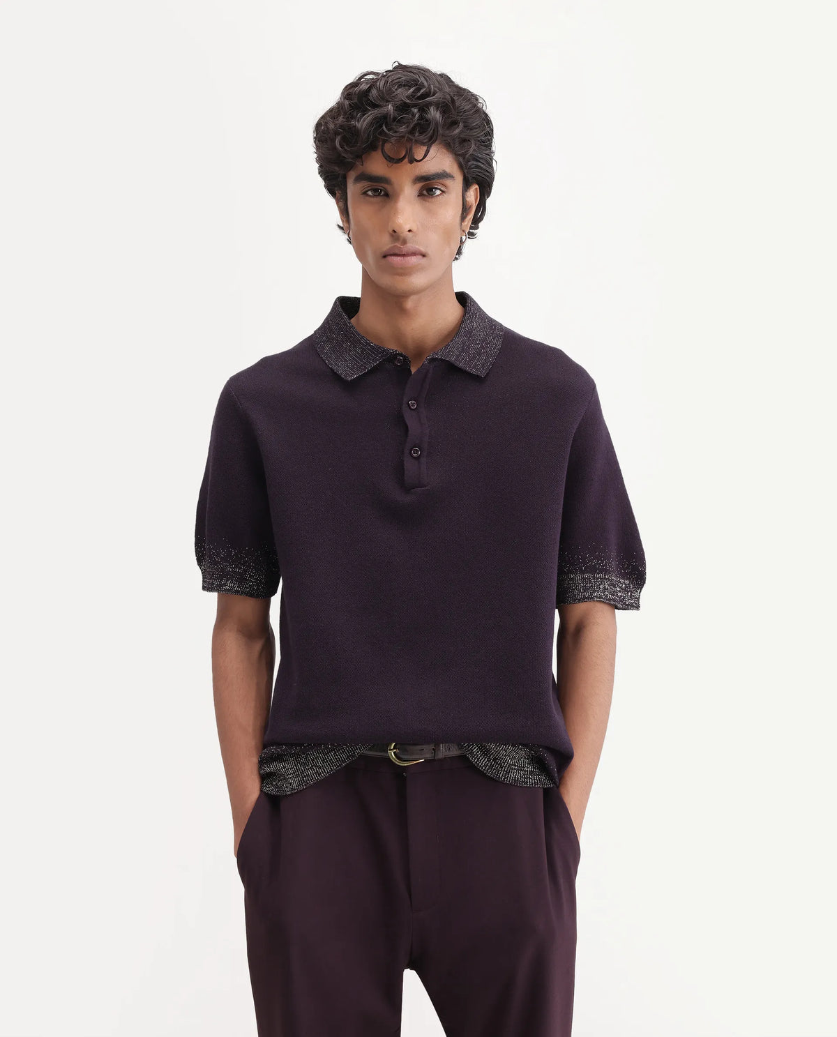 Rare Rabbit Mens Vann Dark Purple Cotton Blend Spread Collar Regular Plain Polo