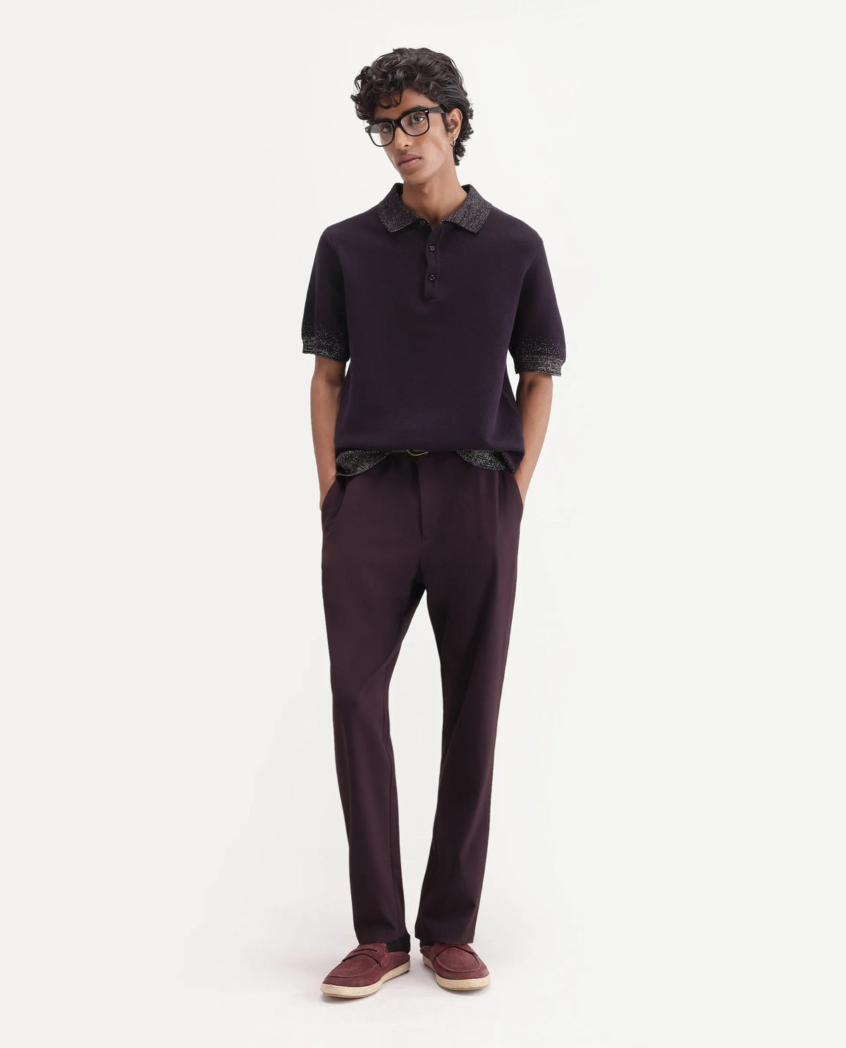 Rare Rabbit Mens Vann Dark Purple Cotton Blend Spread Collar Regular Plain Polo