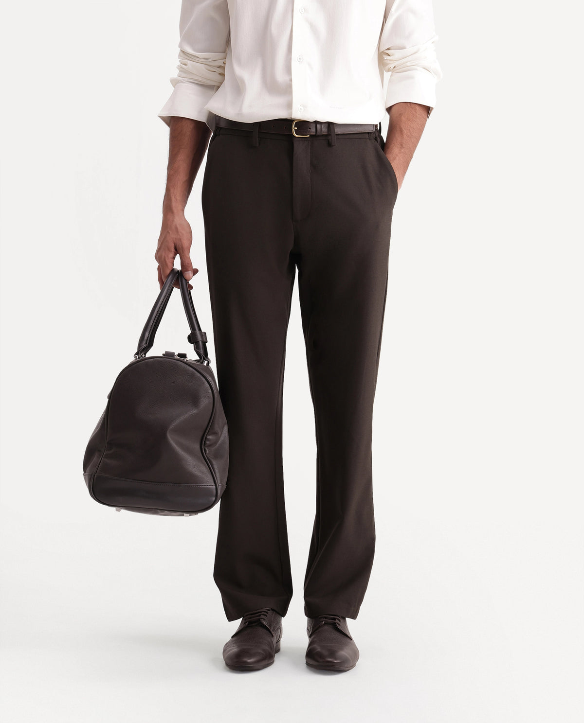 Rare Rabbit Men's Travel-W-Aw26 Dark Brown Polyester Blend Button And Zip Wide Leg Fit Plain Trouser - image 1