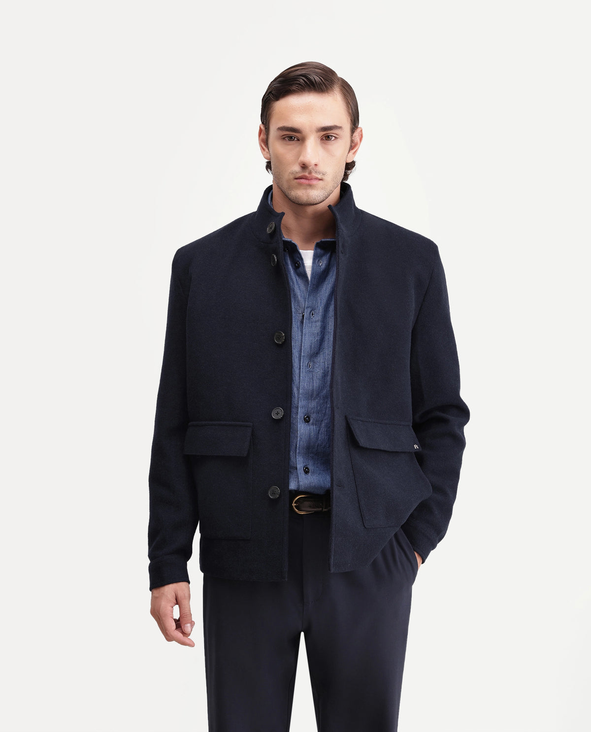 Rare Rabbit Mens Obet Dark Navy Polyester Blend High Neck Regular Plain Jacket
