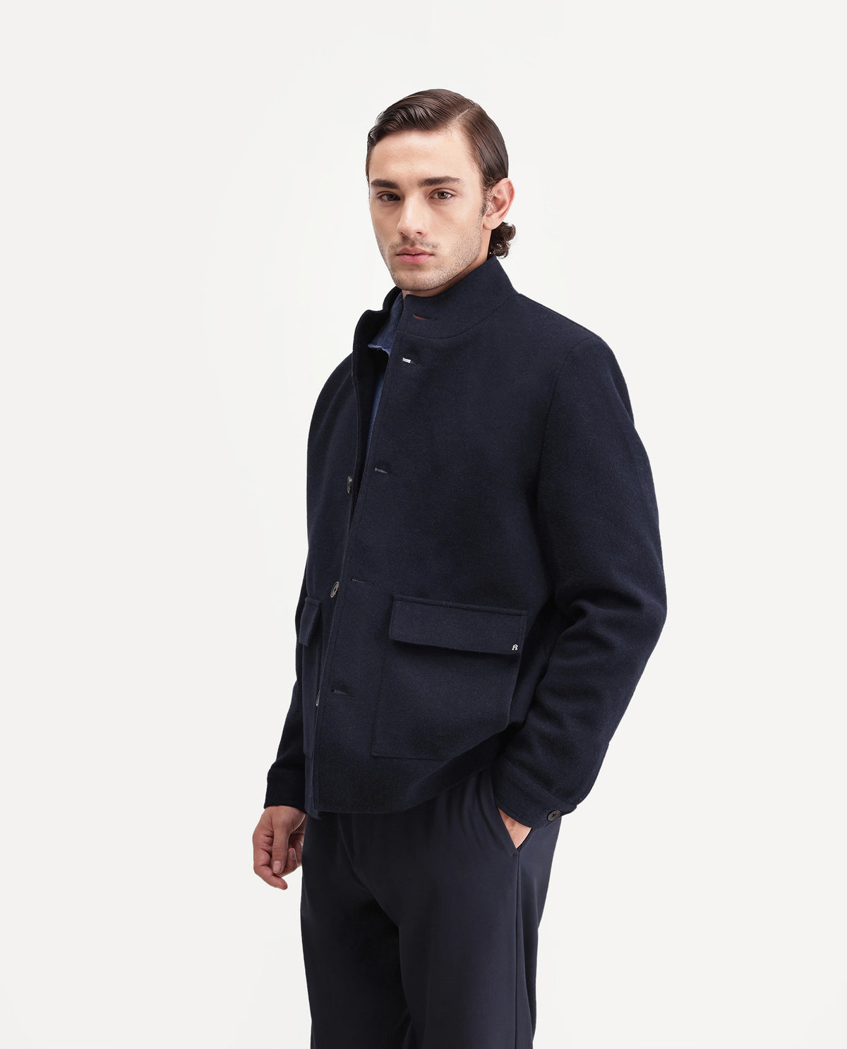 Rare Rabbit Mens Obet Dark Navy Polyester Blend High Neck Regular Plain Jacket