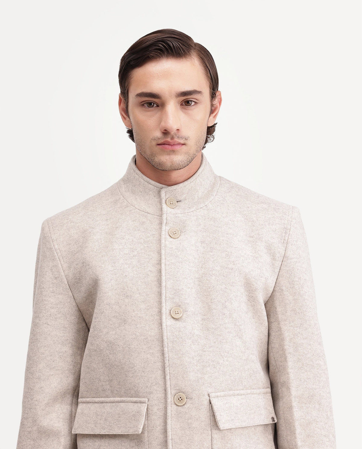 Rare Rabbit Mens Obet Beige Polyester Blend High Neck Regular Plain Jacket