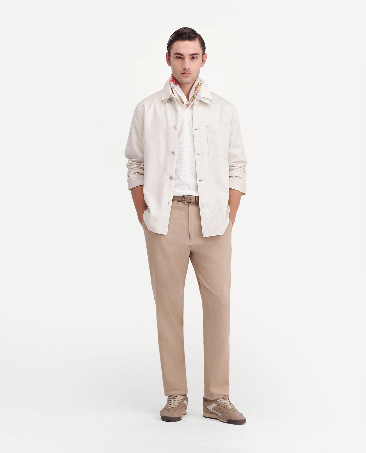 Rare Rabbit Mens Cloudy Beige Linen Blend Spread Collar Regular Plain Shacket