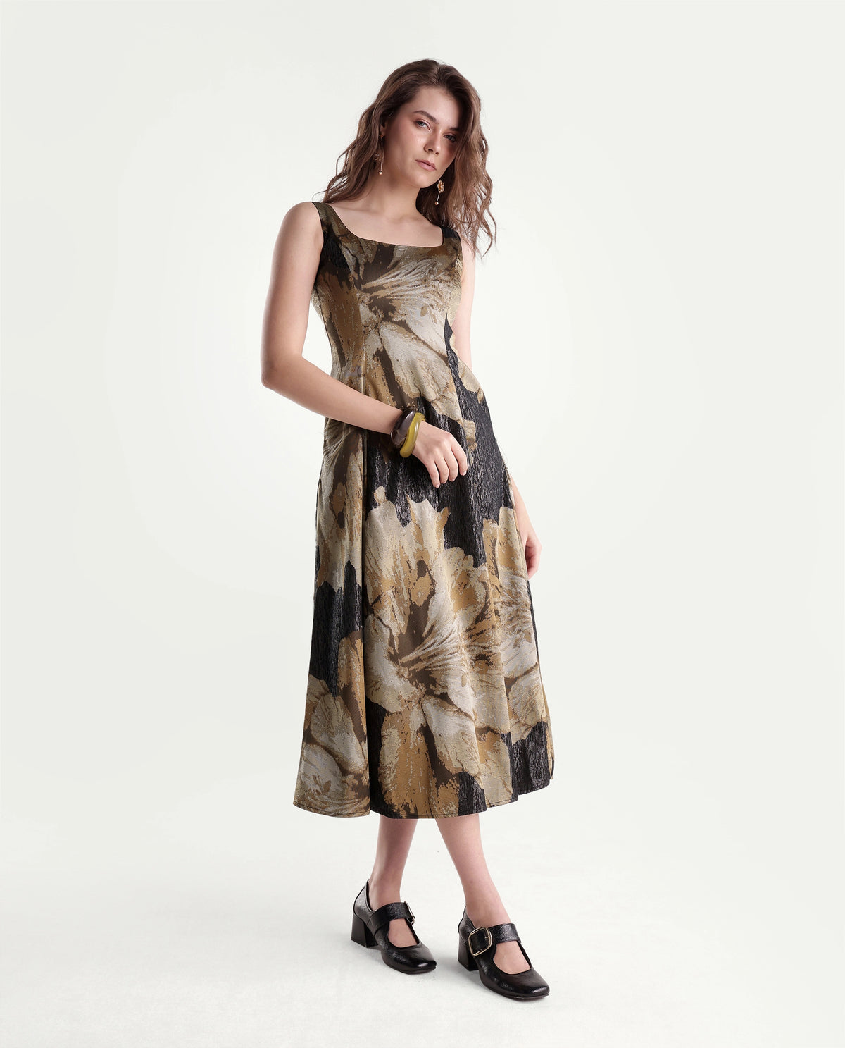 Rareism Womens Xabi Brown Polyester Blend Square Neck Sheath Floral Print Dress