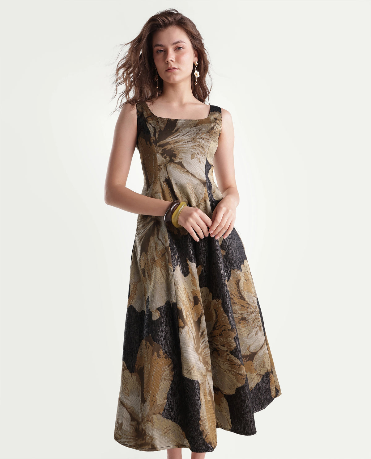 Rareism Womens Xabi Brown Polyester Blend Square Neck Sheath Floral Print Dress