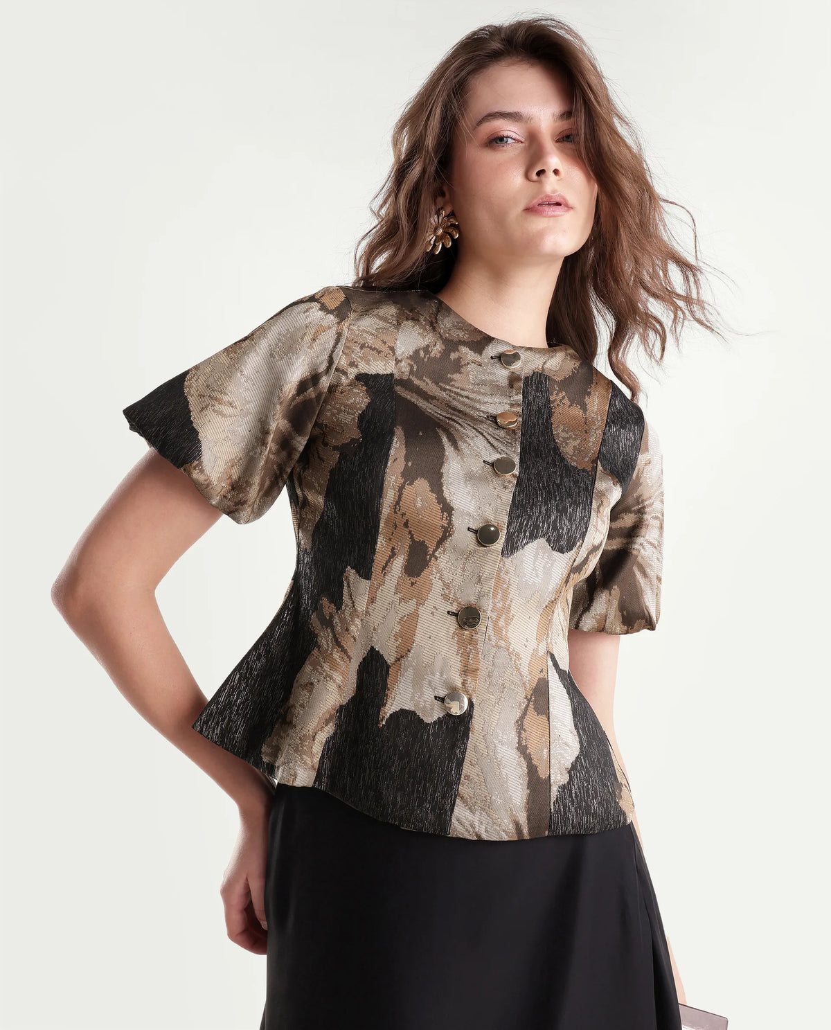 Rareism Womens Xennot Brown Polyester Blend Crew Neck Regular Floral Print Top