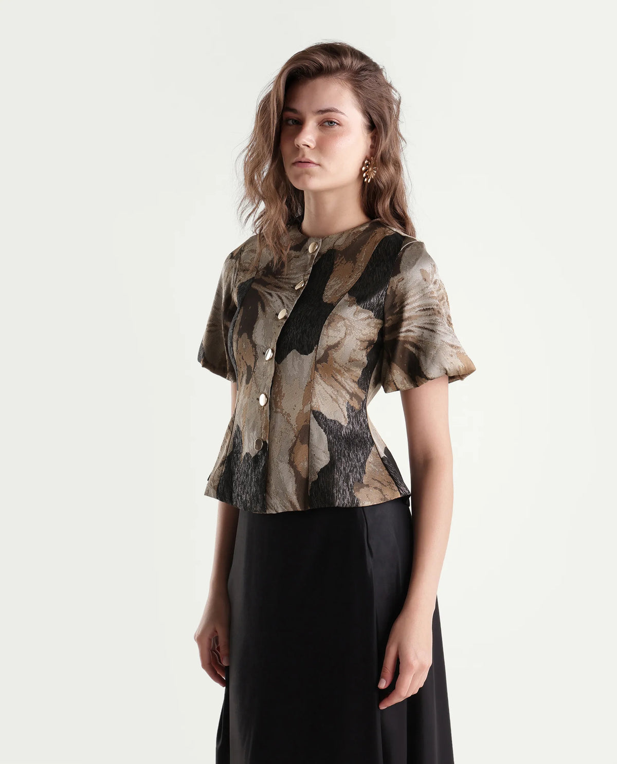 Rareism Womens Xennot Brown Polyester Blend Crew Neck Regular Floral Print Top