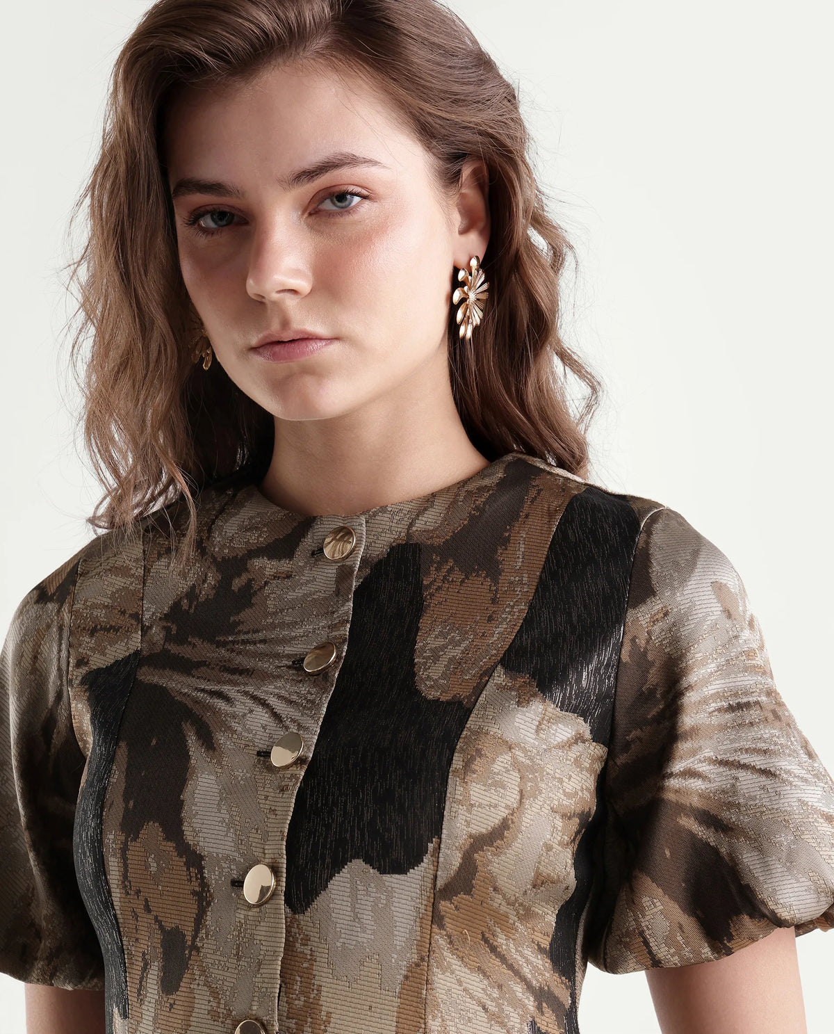 Rareism Womens Xennot Brown Polyester Blend Crew Neck Regular Floral Print Top