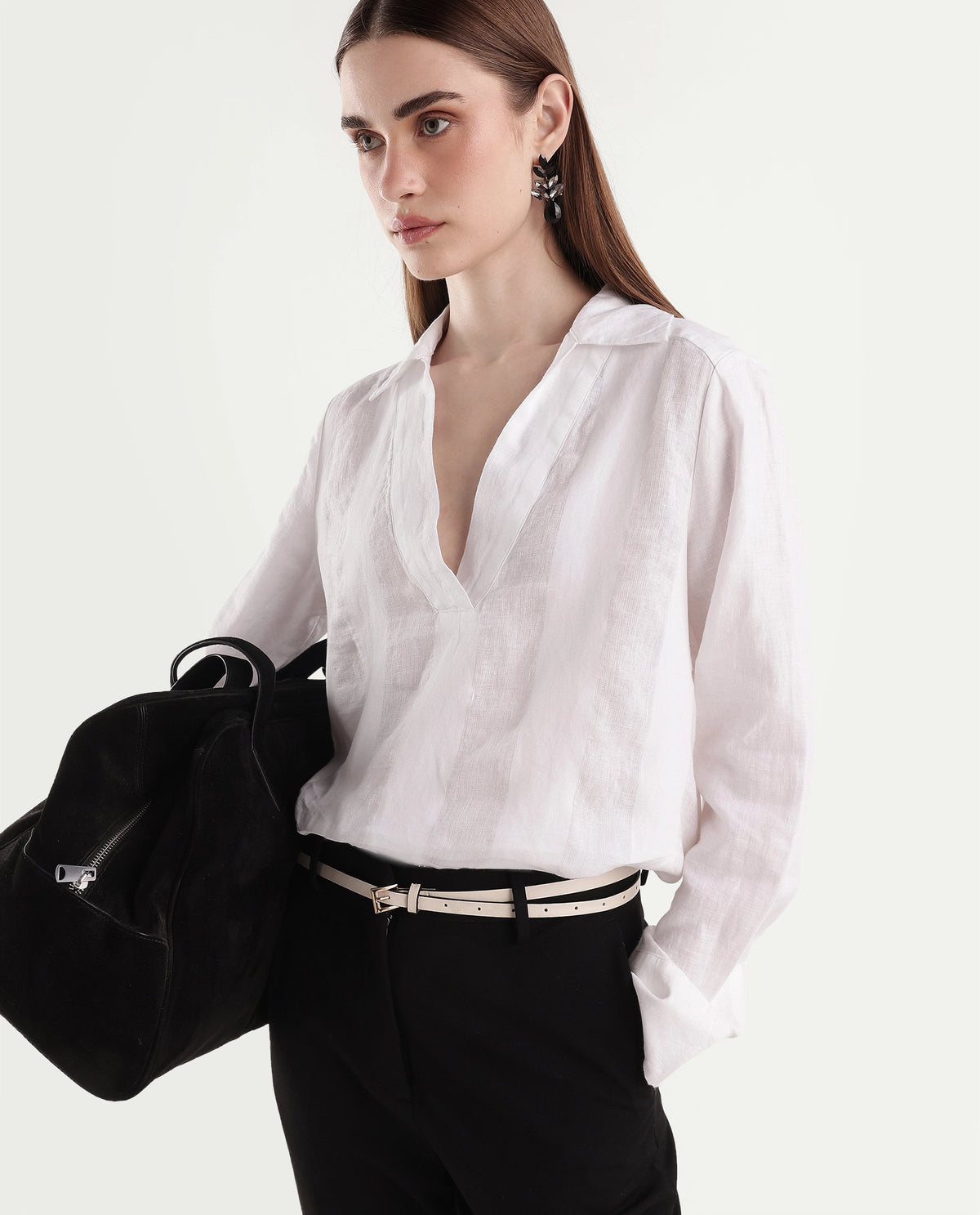 Rareism Women's Leock Light White Linen Spread Collar Regular Fit Plain Top - image 1