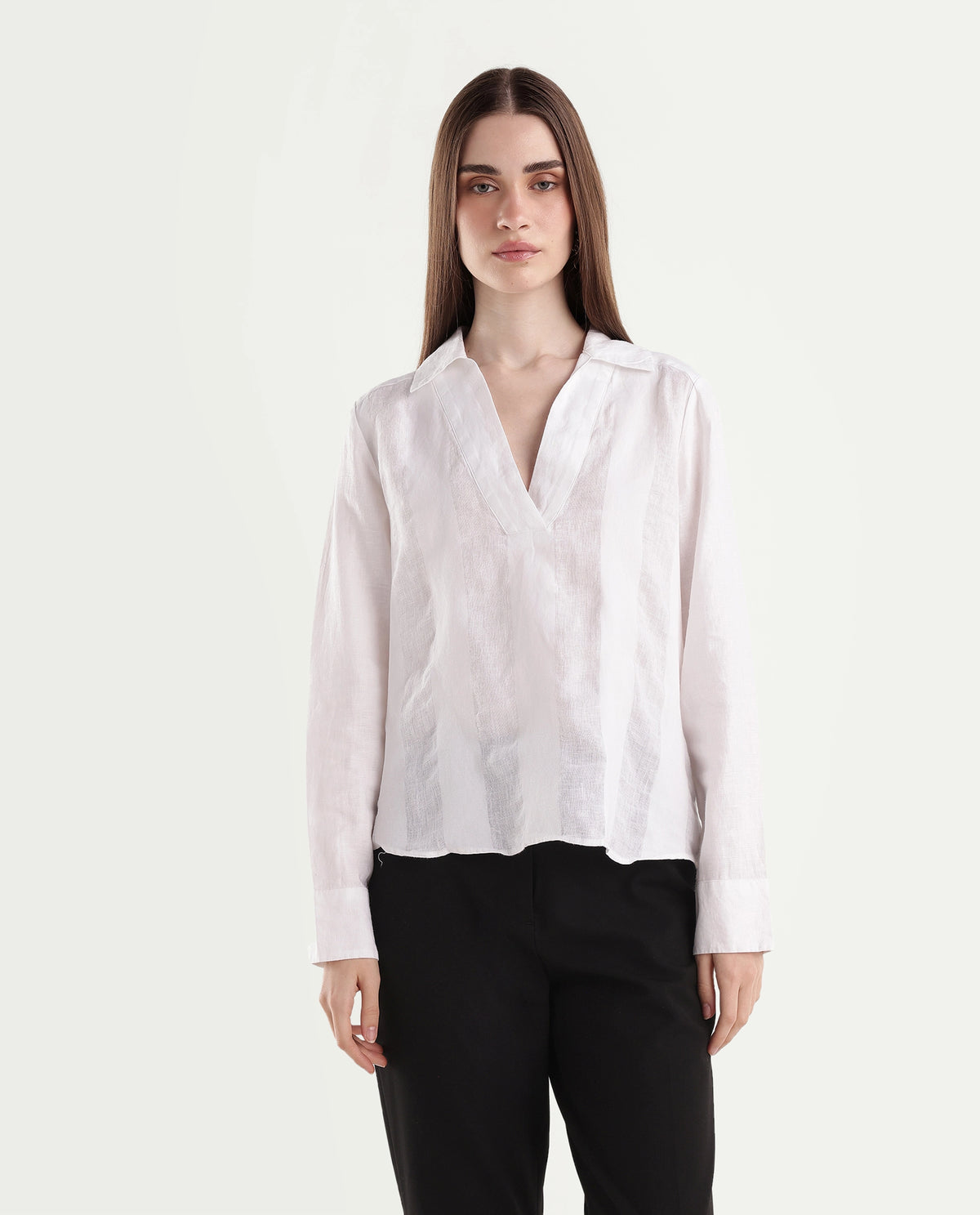 Rareism Women's Leock Light White Linen Spread Collar Regular Fit Plain Top - image 6