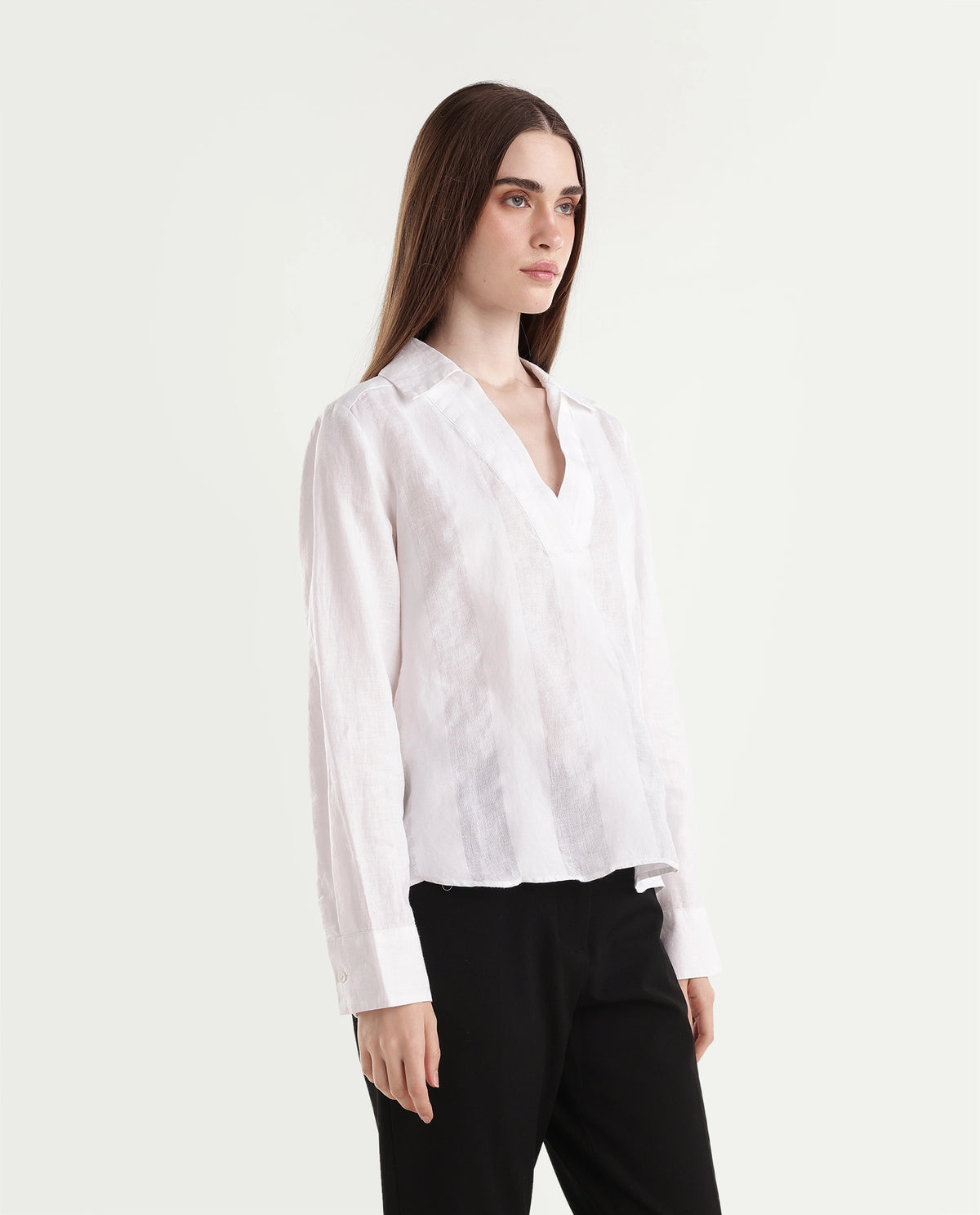 Rareism Women's Leock Light White Linen Spread Collar Regular Fit Plain Top - image 4