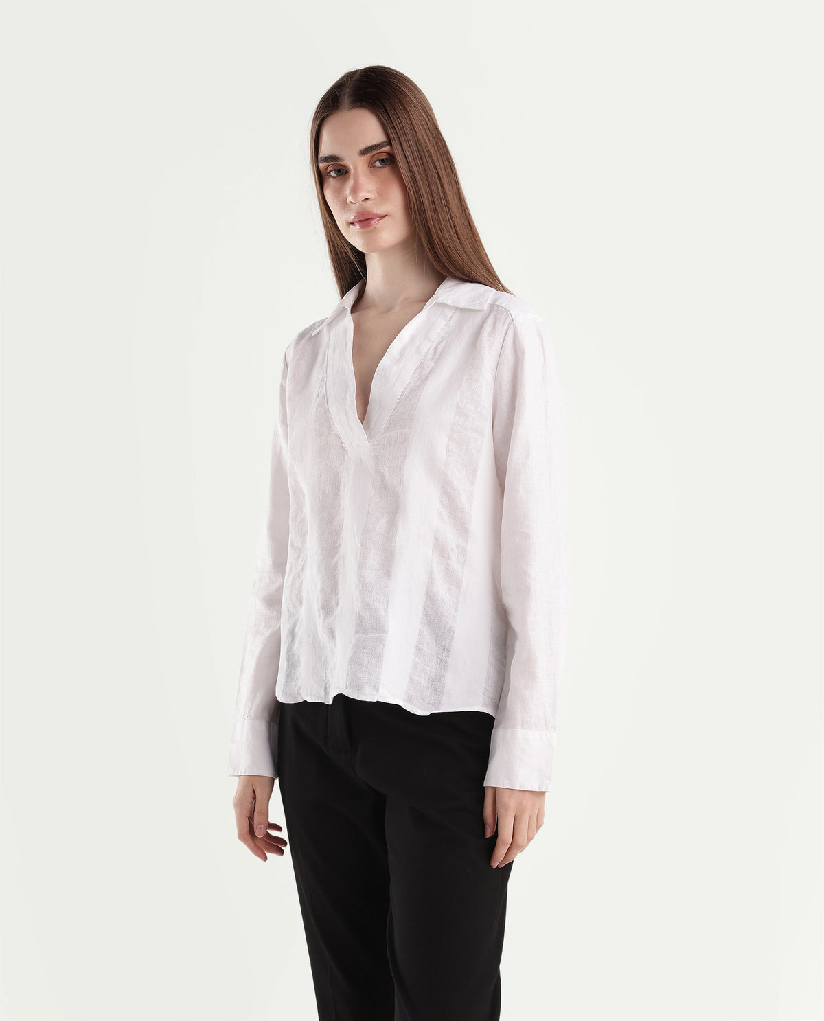 Rareism Women's Leock Light White Linen Spread Collar Regular Fit Plain Top - image 5