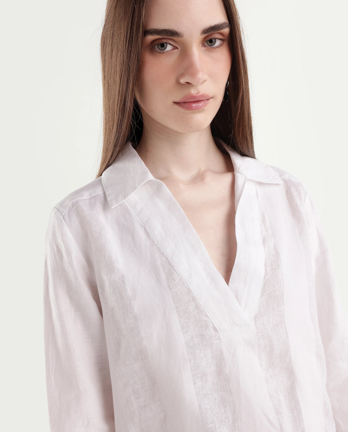 Rareism Women's Leock Light White Linen Spread Collar Regular Fit Plain Top - image 3