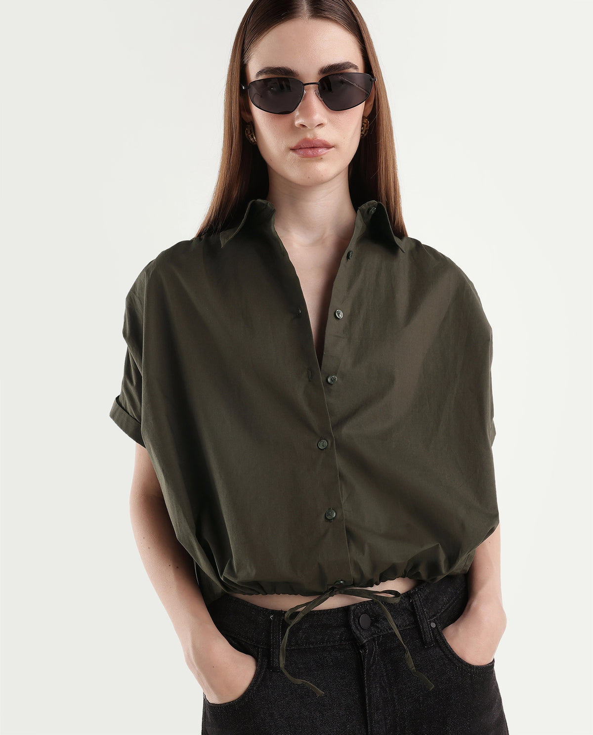 Rareism Women's Onjrop Olive Cotton Blend Spread Collar Boxy Cropped Top - image 1