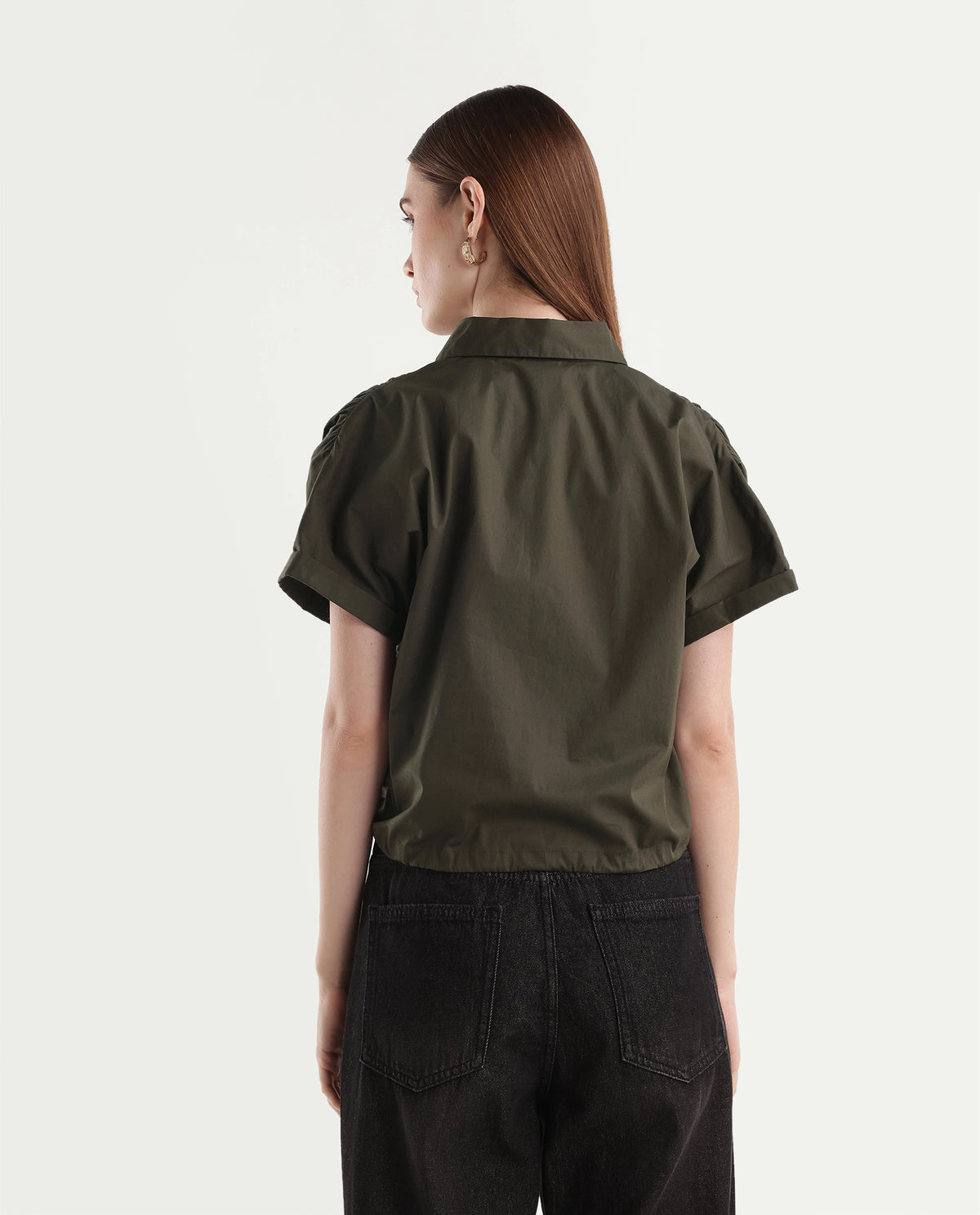 Rareism Women's Onjrop Olive Cotton Blend Spread Collar Boxy Cropped Top - image 7