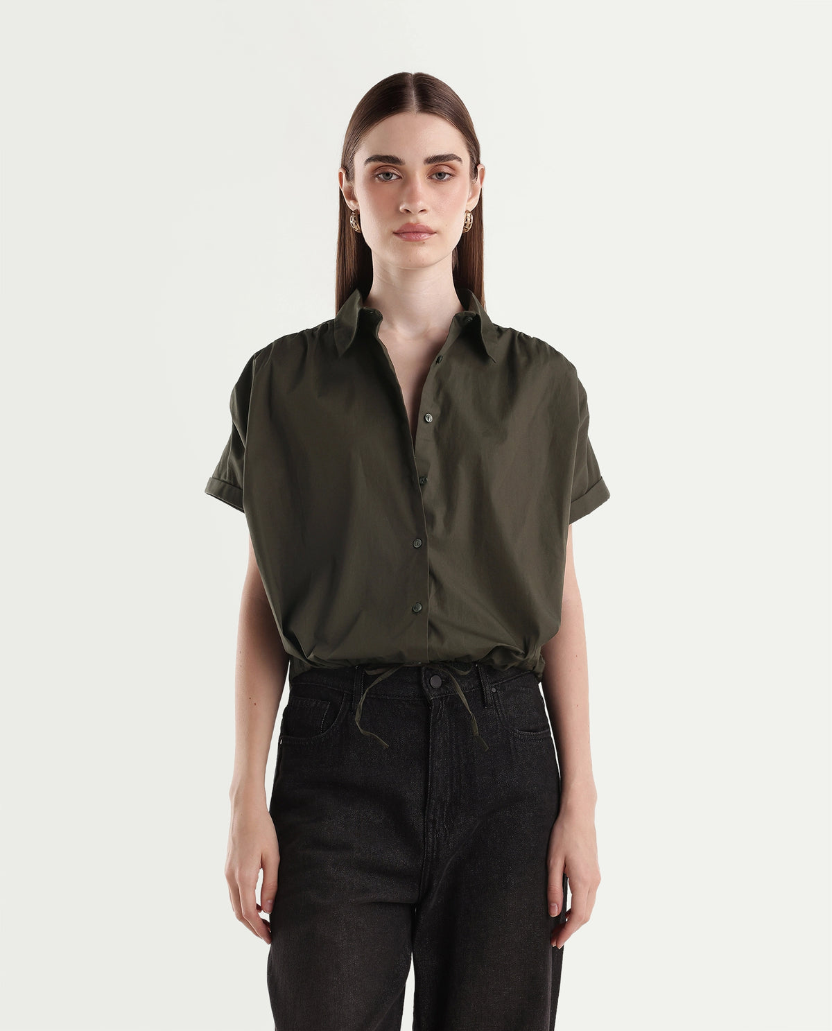 Rareism Women's Onjrop Olive Cotton Blend Spread Collar Boxy Cropped Top - image 6