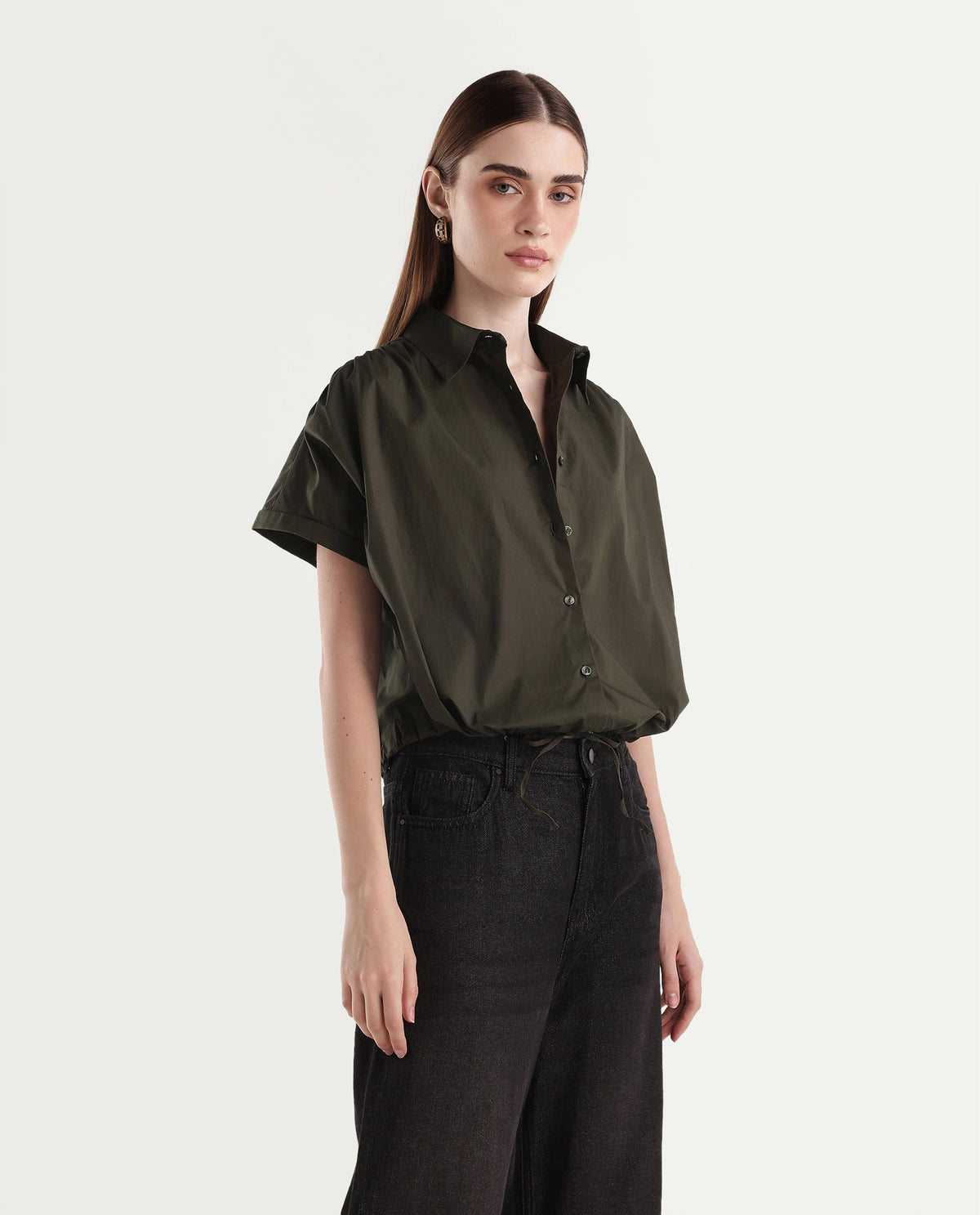 Rareism Women's Onjrop Olive Cotton Blend Spread Collar Boxy Cropped Top - image 4
