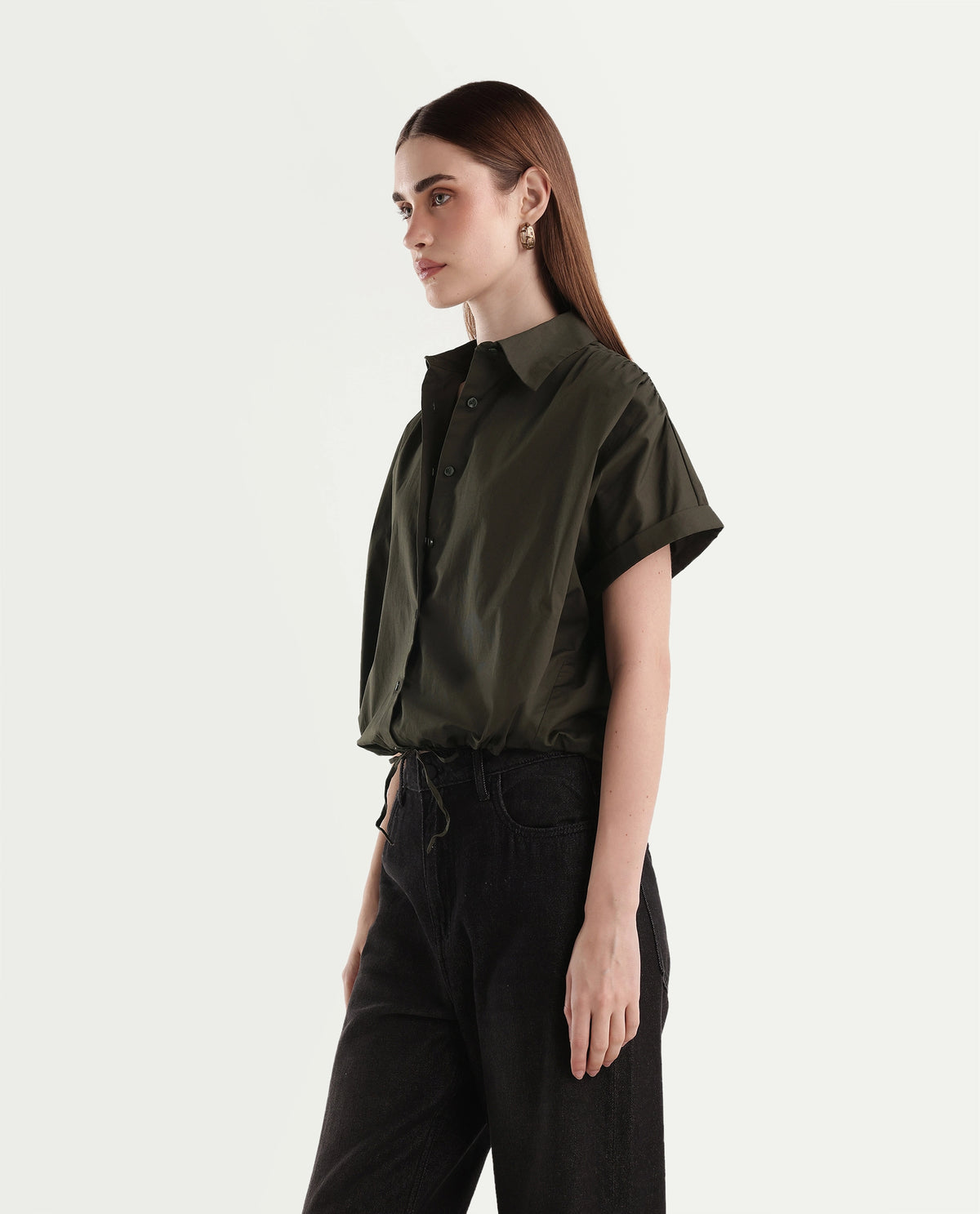 Rareism Women's Onjrop Olive Cotton Blend Spread Collar Boxy Cropped Top - image 5