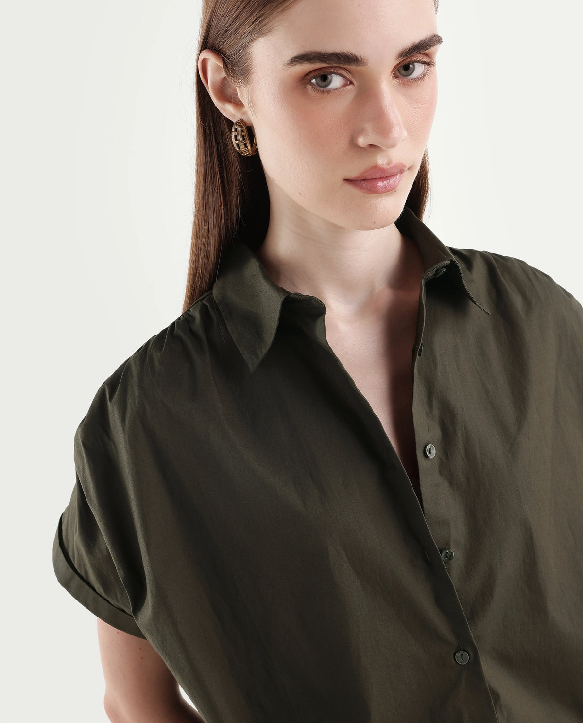 Rareism Women's Onjrop Olive Cotton Blend Spread Collar Boxy Cropped Top - image 3