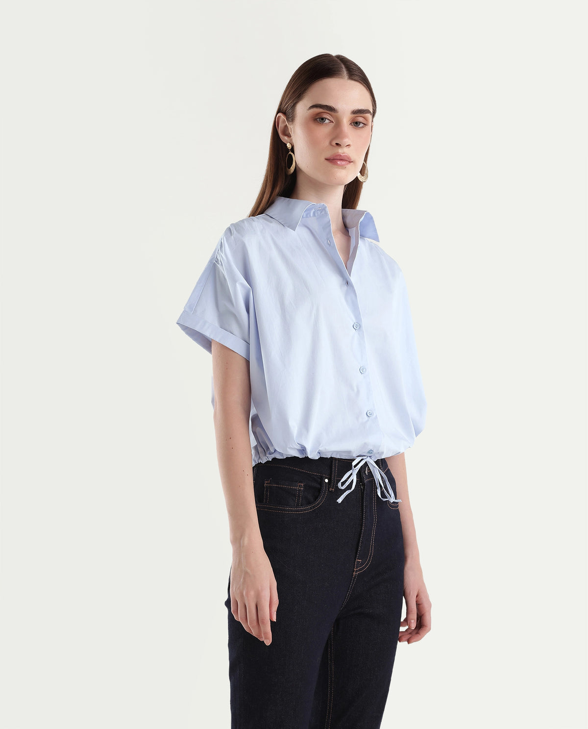 Rareism Women's Onjrop Light Blue Cotton Blend Spread Collar Boxy Solid Top - image 4