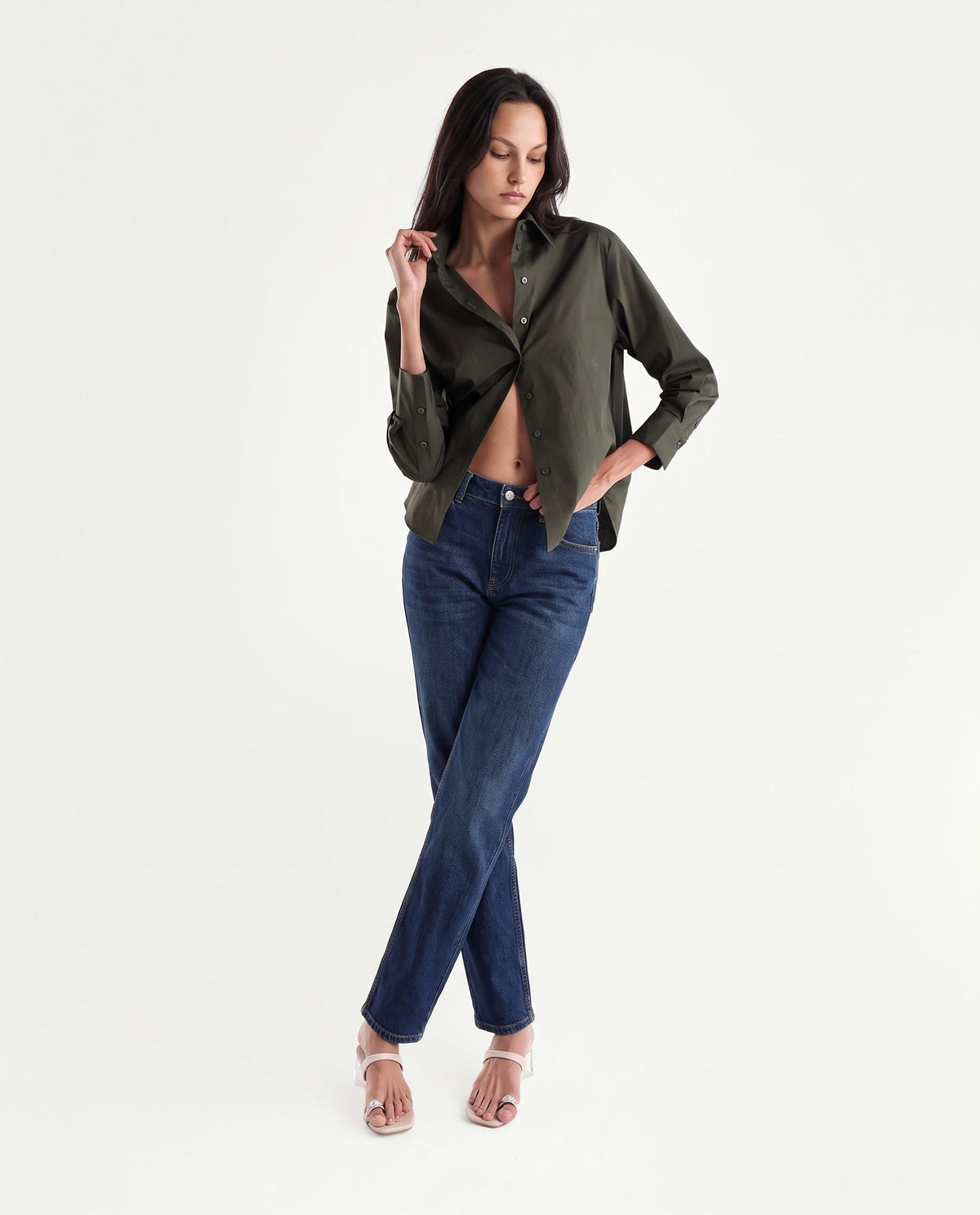 Rareism Women's Onjilon Olive Cotton Blend Spread Collar Regular Plain Shirt - image 2