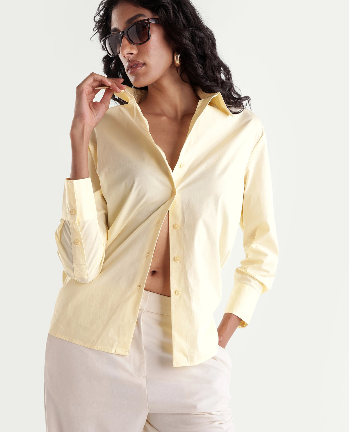 Rareism Women's Onjilon Yellow Cotton Blend Spread Collar Regular Plain Shirt - image 1