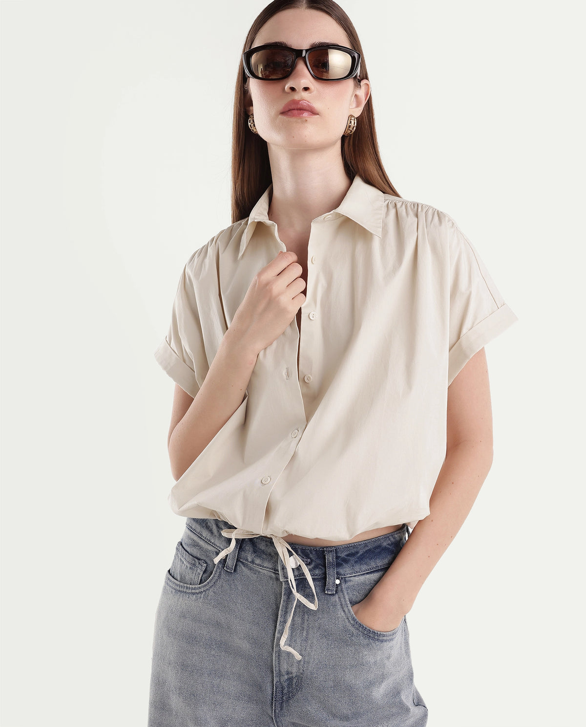 Rareism Women's Onjropo Beige Cotton Blend Spread Collar Crop Color Block Top - image 1