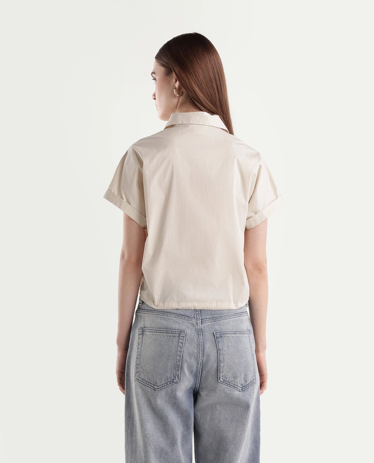 Rareism Women's Onjropo Beige Cotton Blend Spread Collar Crop Color Block Top - image 7