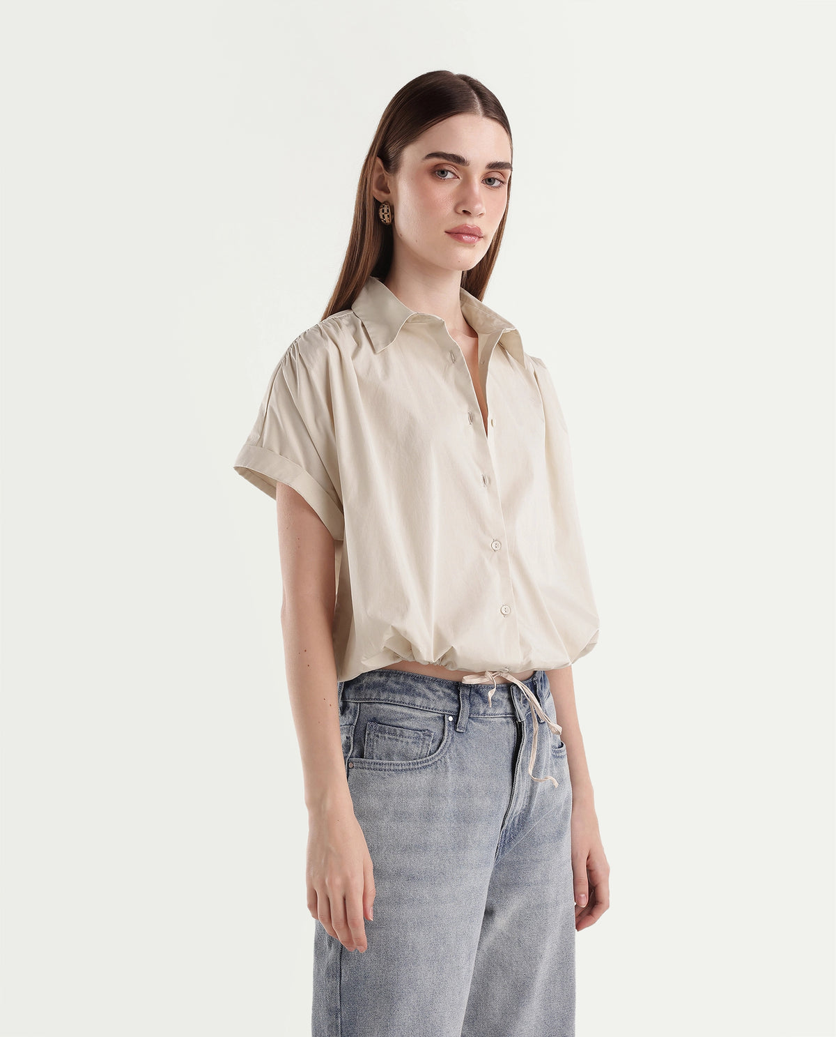 Rareism Women's Onjropo Beige Cotton Blend Spread Collar Crop Color Block Top - image 4