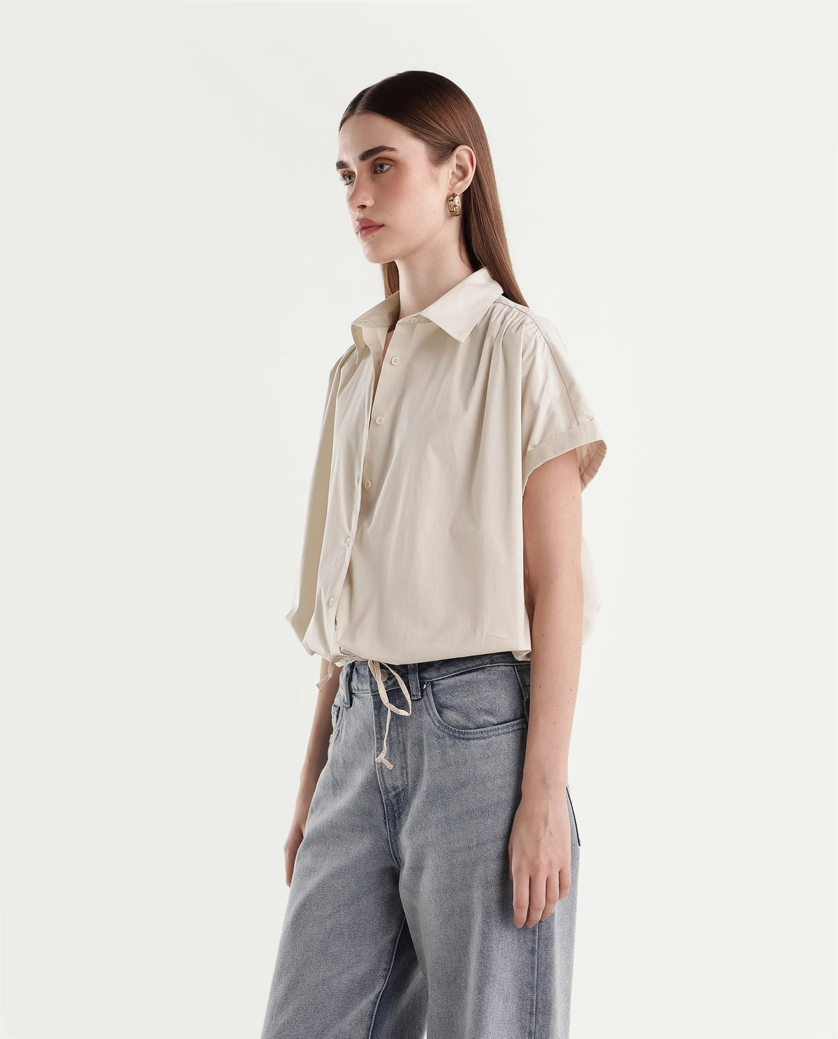 Rareism Women's Onjropo Beige Cotton Blend Spread Collar Crop Color Block Top - image 5