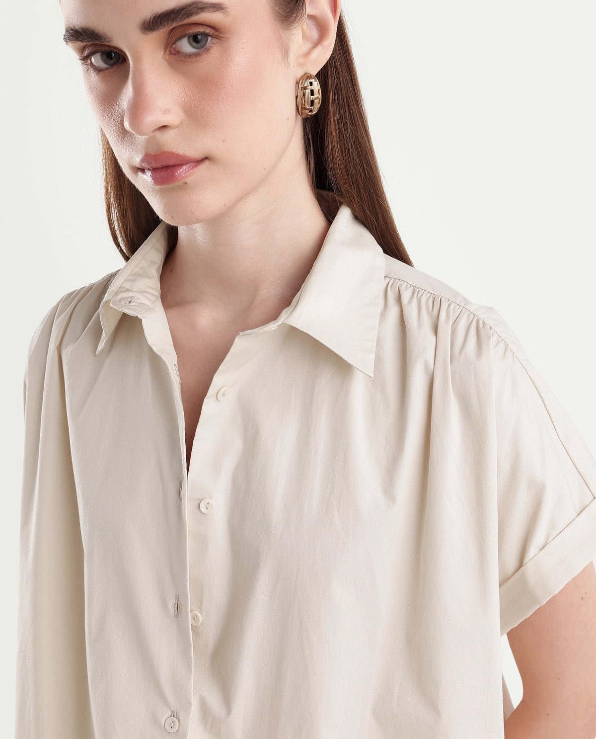 Rareism Women's Onjropo Beige Cotton Blend Spread Collar Crop Color Block Top - image 3