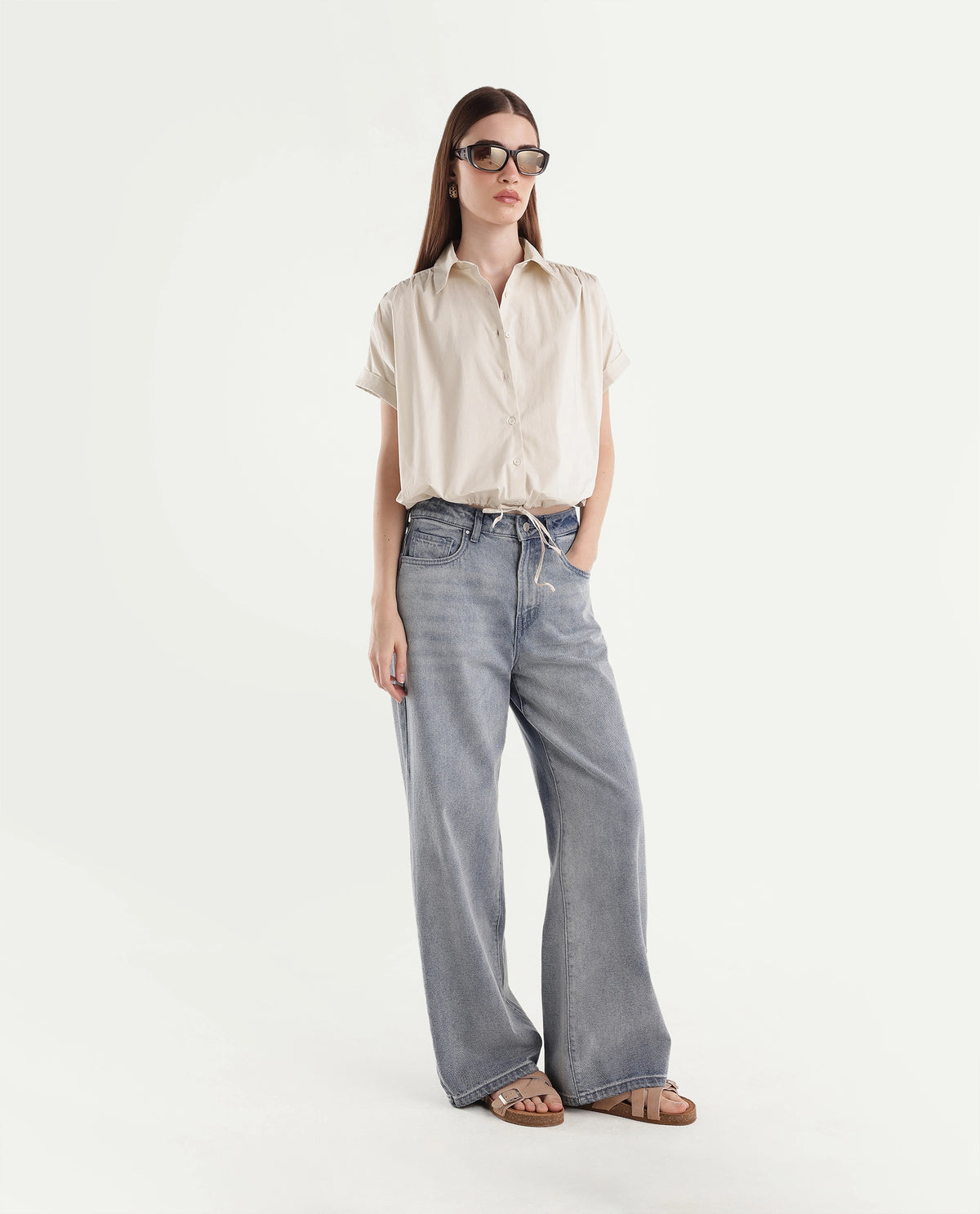 Rareism Women's Onjropo Beige Cotton Blend Spread Collar Crop Color Block Top - image 2