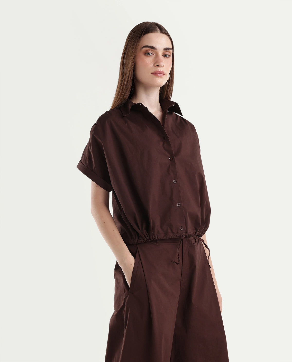 Rareism Women's Onjropo Brown Cotton Blend Spread Collar Crop Top - image 4