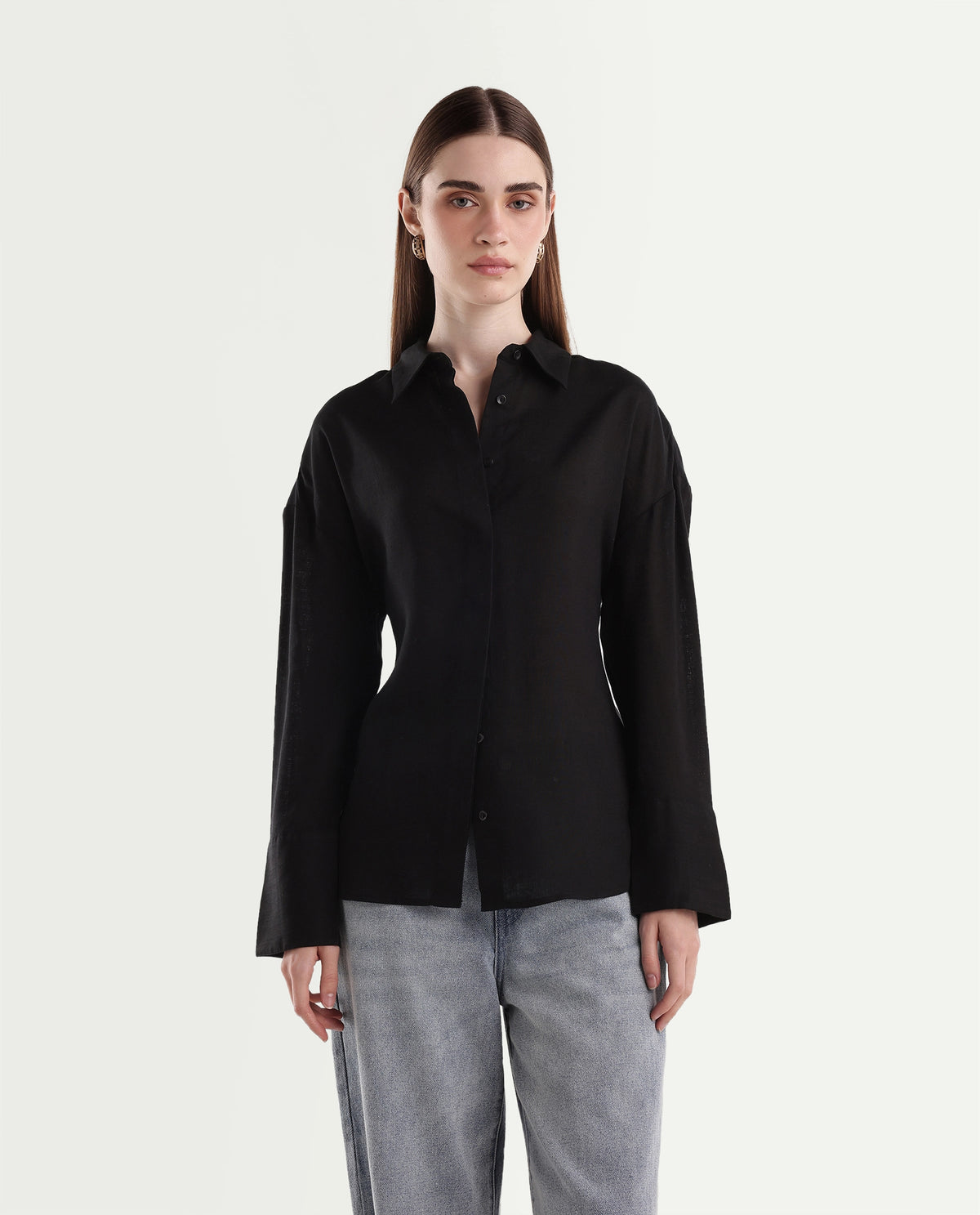 Rareism Women's Linea Black Lyocell Spread Collar Button Regular Plain Shirt - image 6