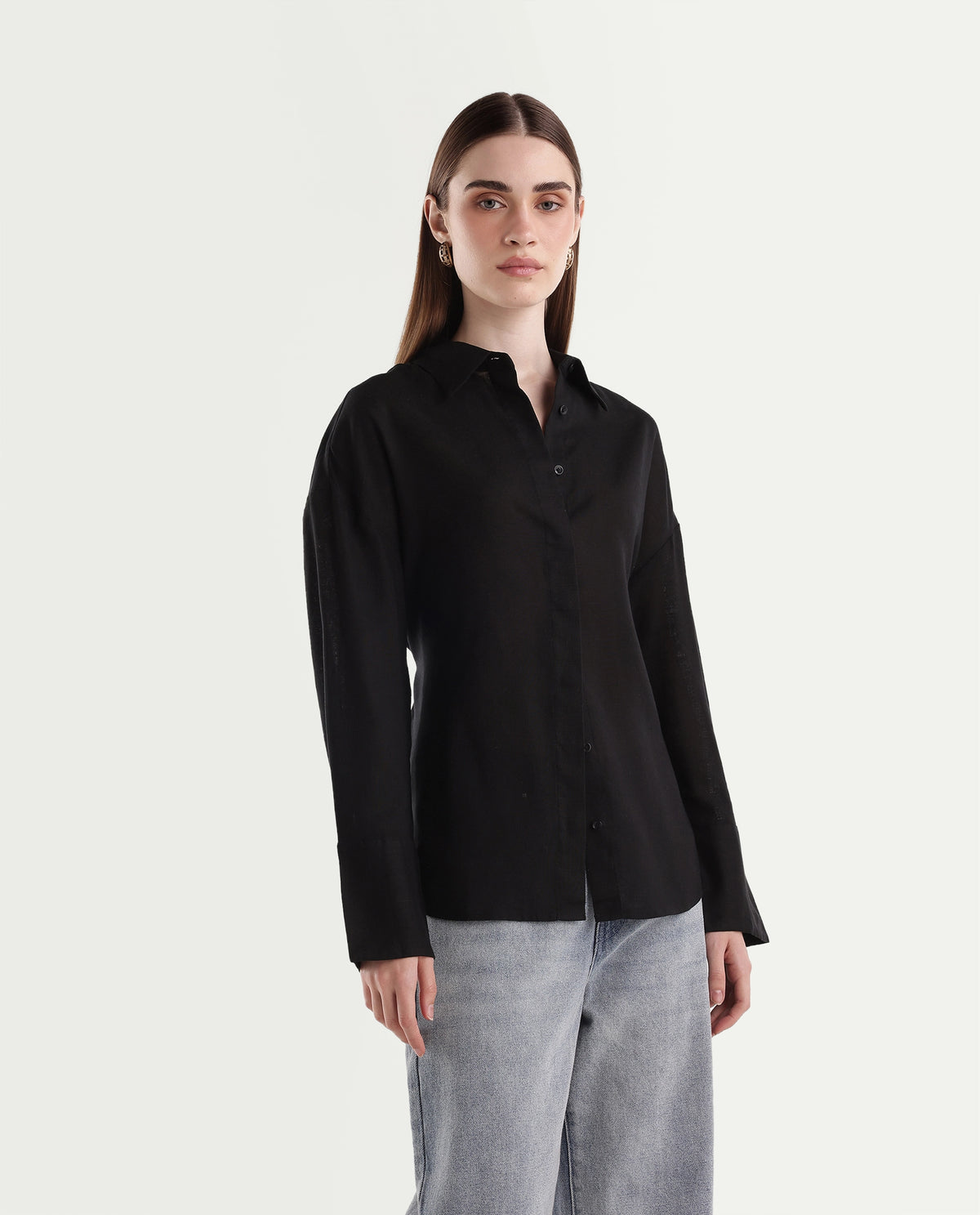 Rareism Women's Linea Black Lyocell Spread Collar Button Regular Plain Shirt - image 4