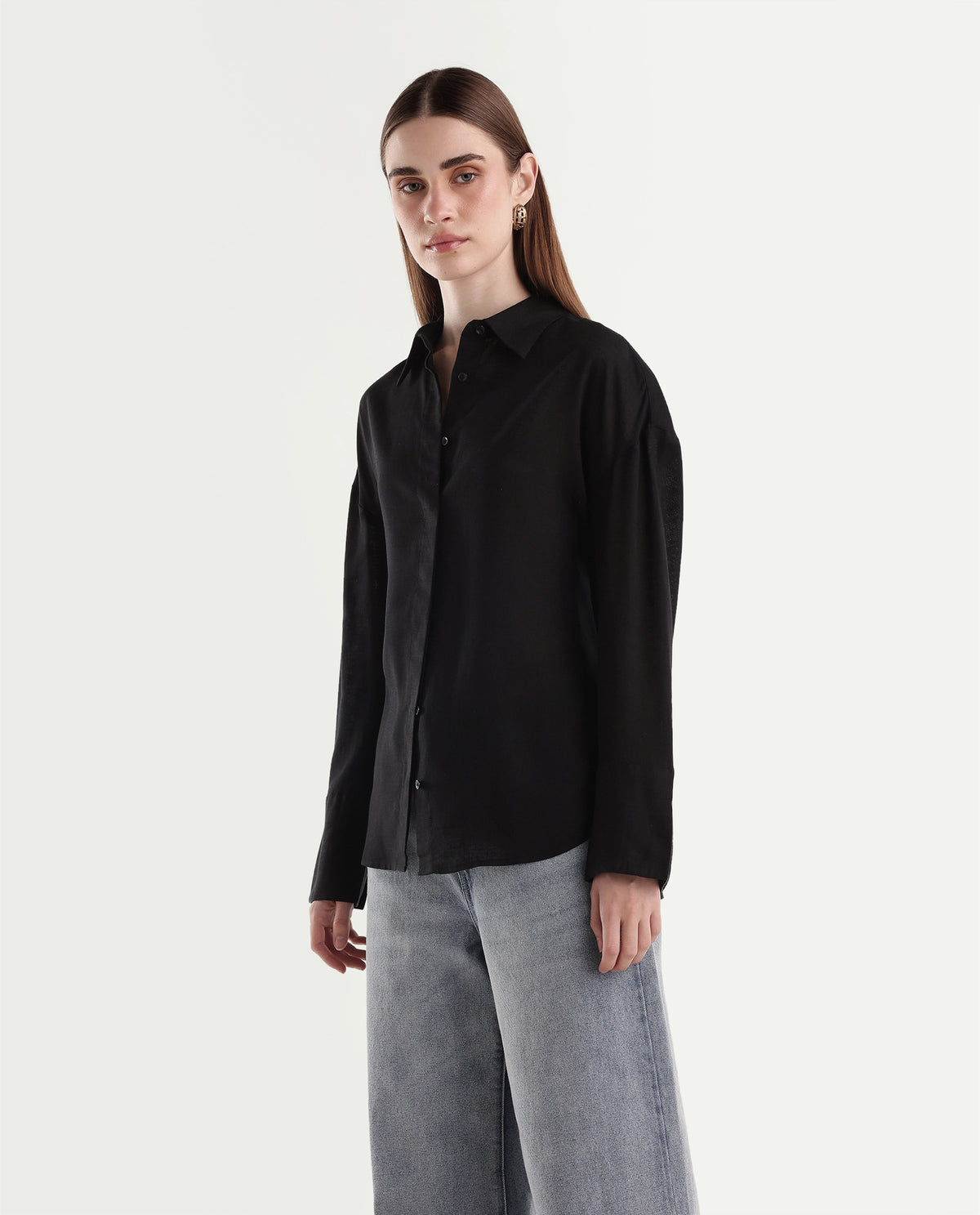 Rareism Women's Linea Black Lyocell Spread Collar Button Regular Plain Shirt - image 5