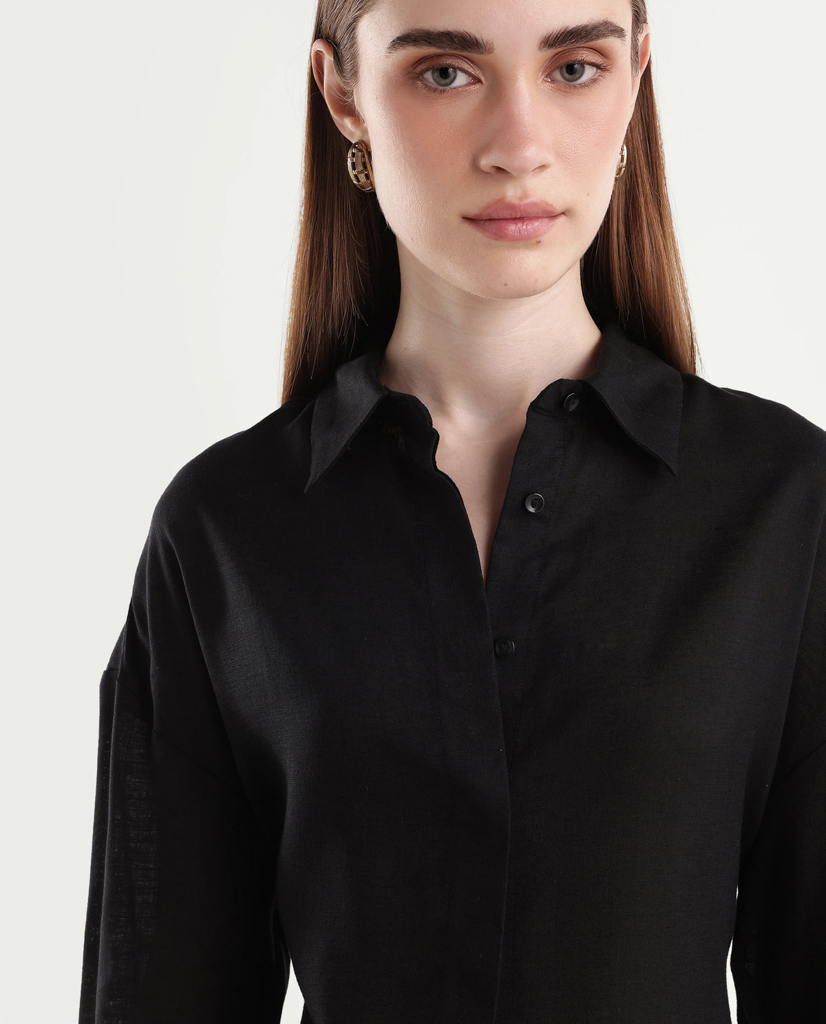 Rareism Women's Linea Black Lyocell Spread Collar Button Regular Plain Shirt - image 3