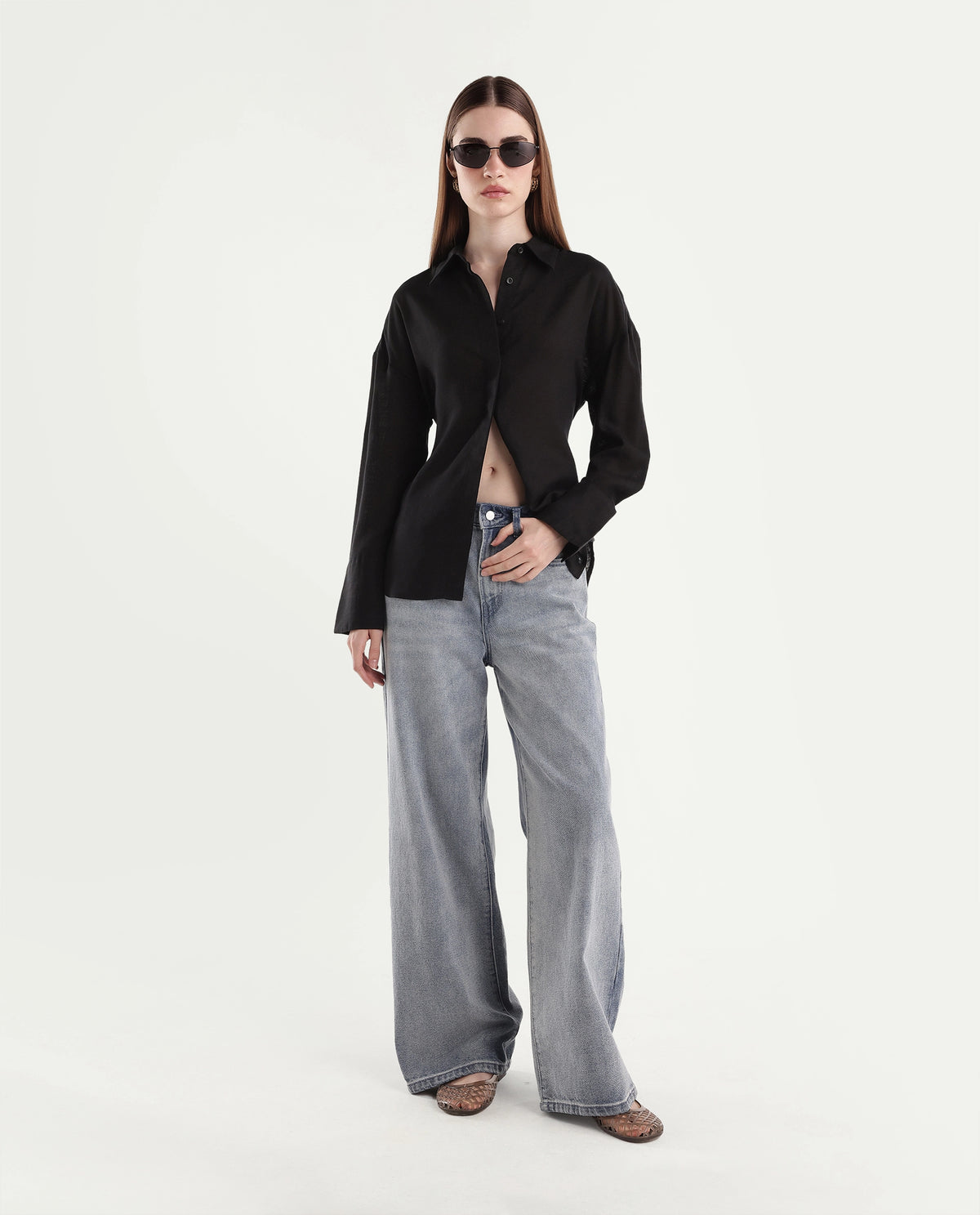 Rareism Women's Linea Black Lyocell Spread Collar Button Regular Plain Shirt - image 2